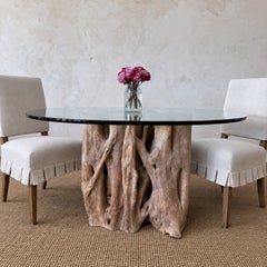 Vintage Root Dining Table with Glass Top and Solid Wood Base