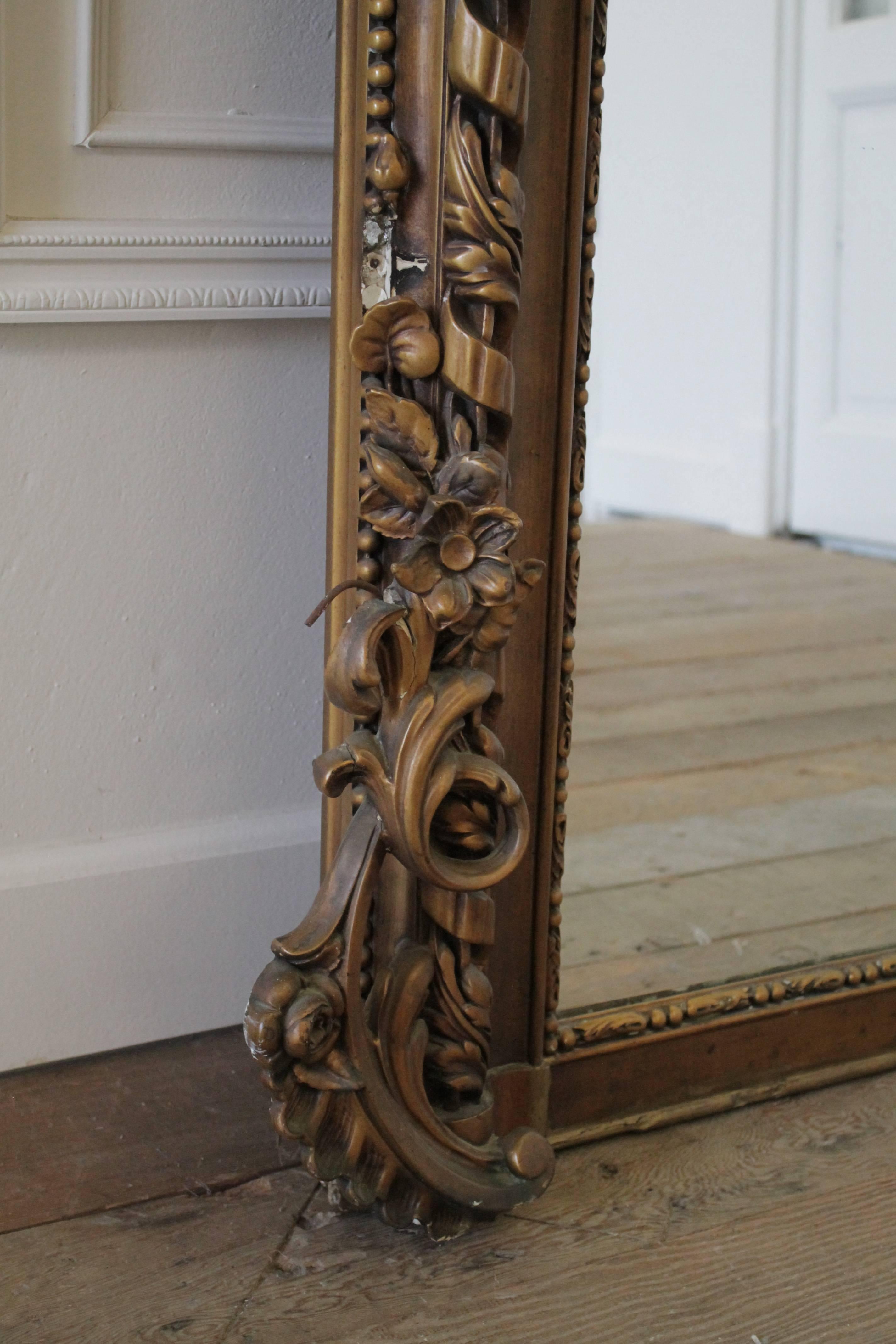 Large Antique French Louis XV Giltwood Ballroom Mirror In Good Condition In Brea, CA