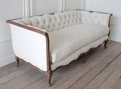 Antique French Louis XV Style Button Tufted Sofa in Organic Belgian Linen
