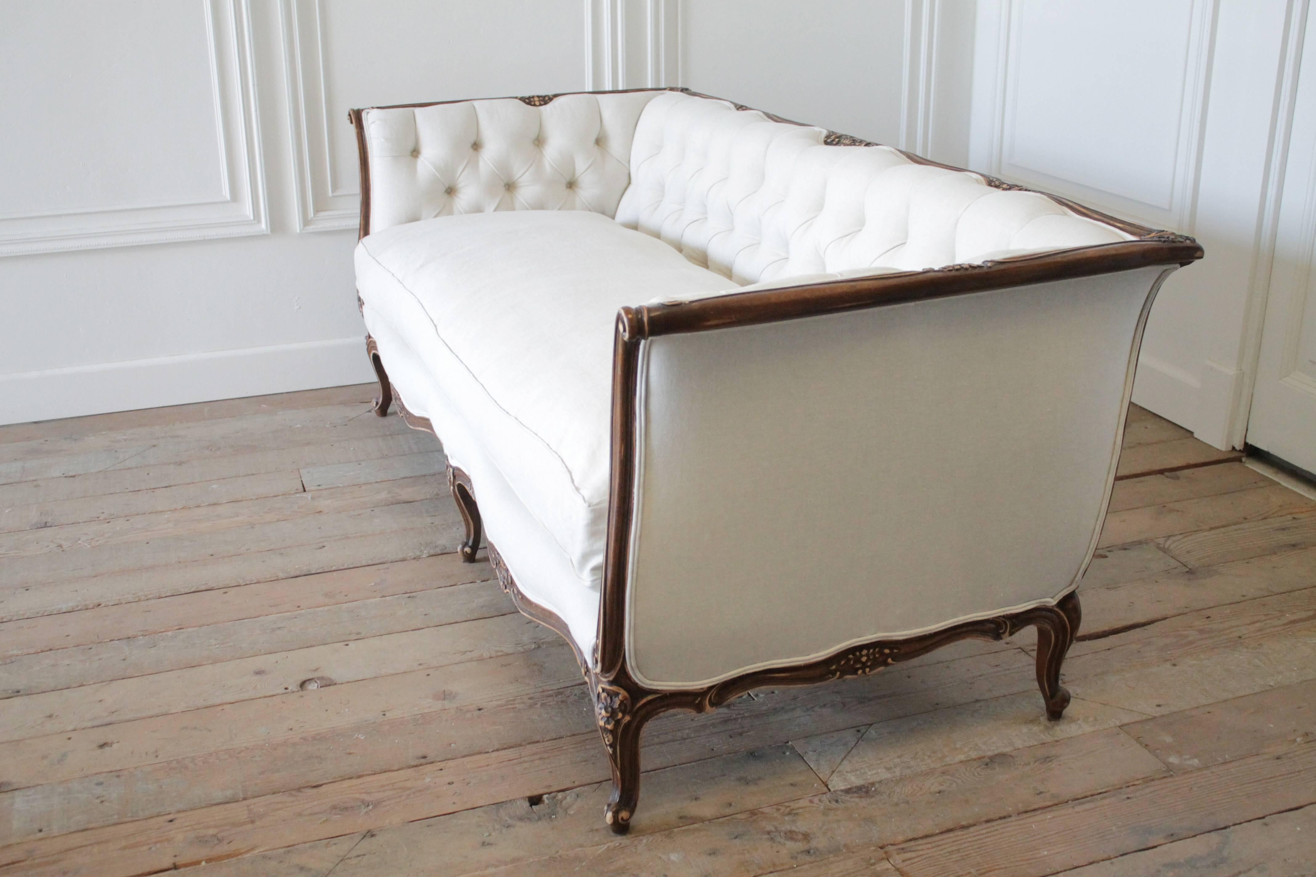 Carved Antique French Louis XV Style Button Tufted Sofa in Organic Belgian Linen