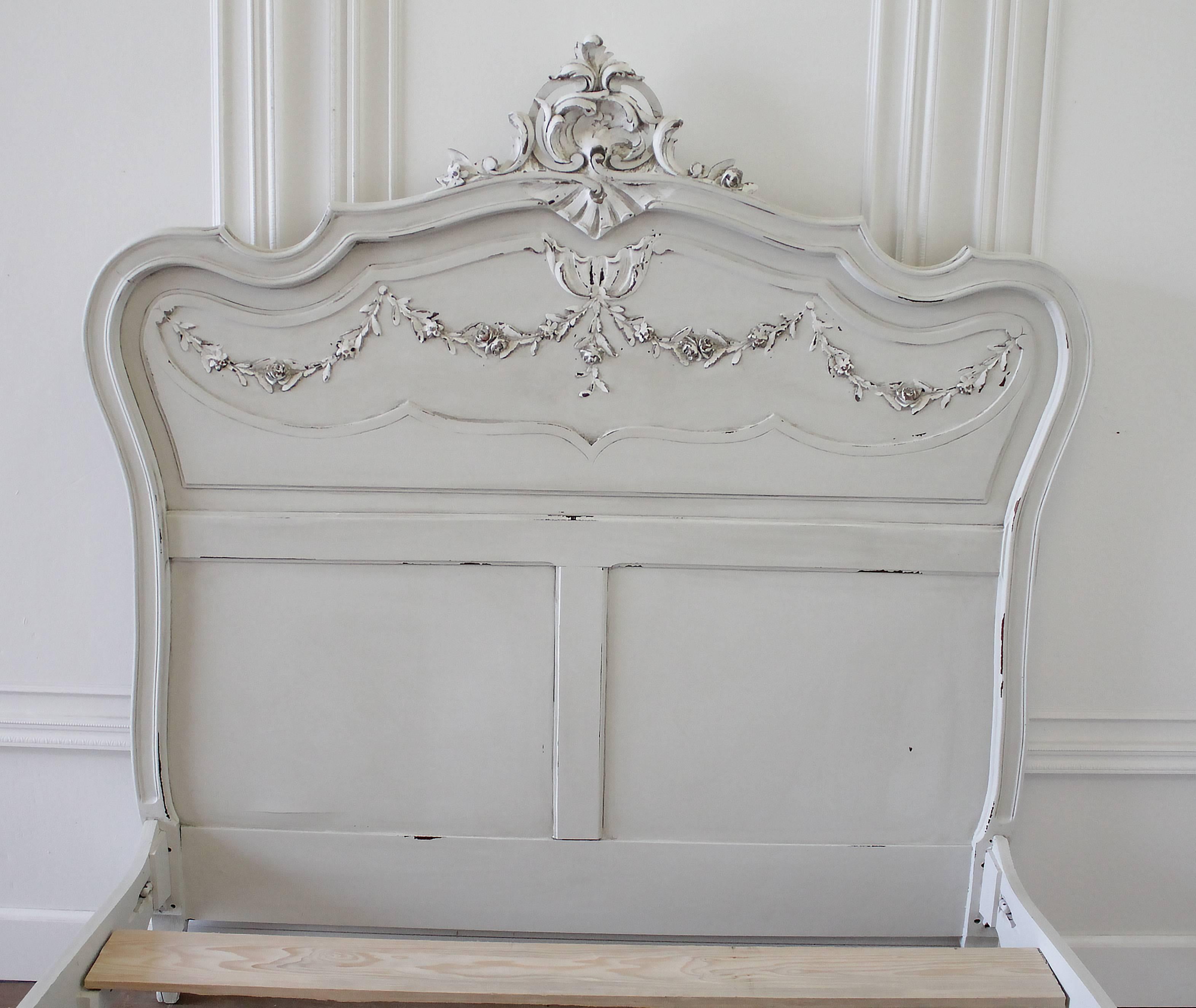 Carved 19th Century Painted Louis XV Style French Bed with Roses