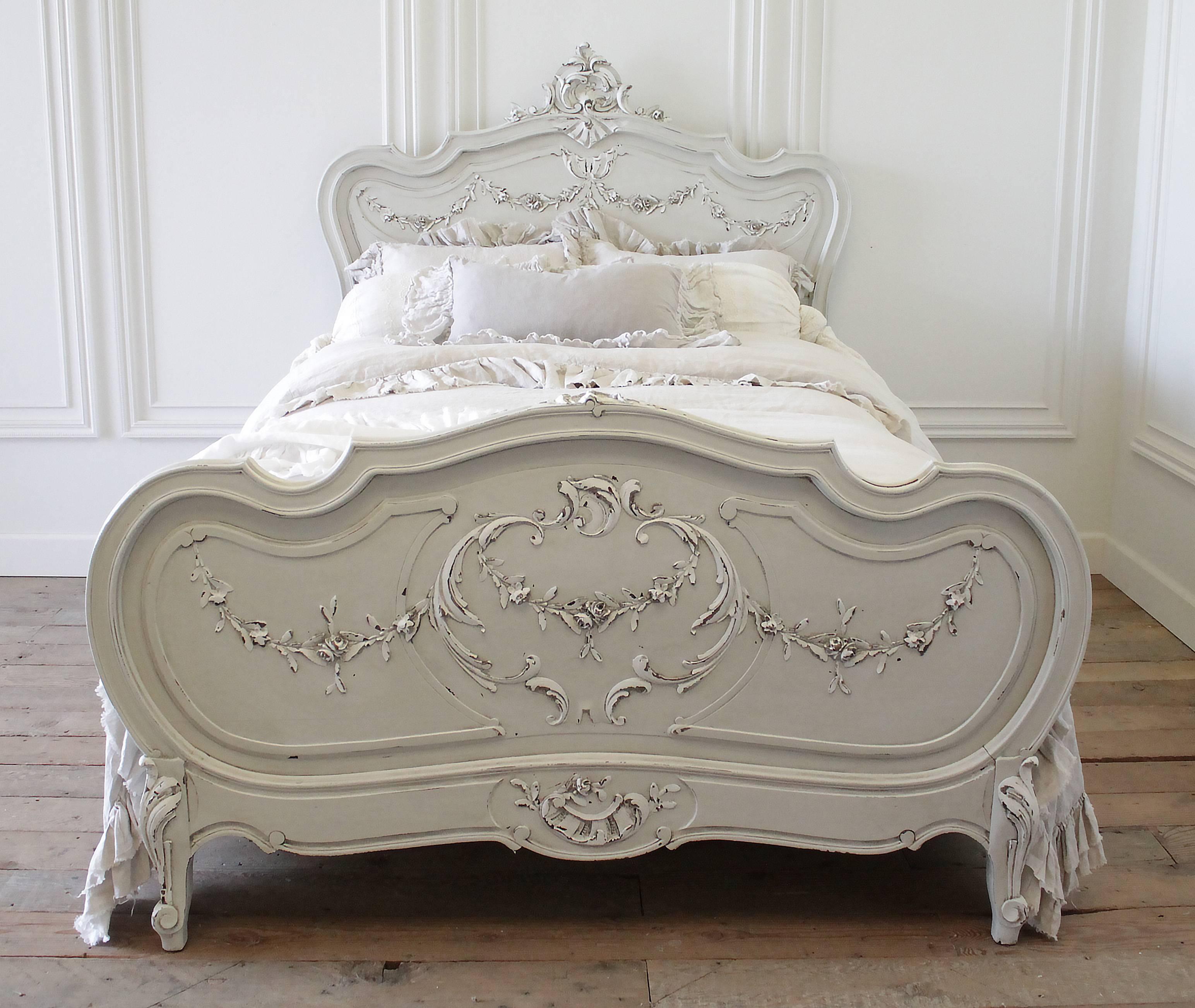 19th Century Painted Louis XV Style French Bed with Roses 1