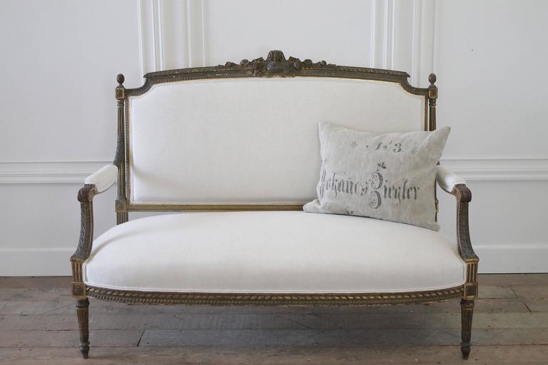 19th Century Louis XVI Giltwood Settee Upholstered in Belgian Linen at ...