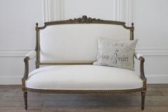 19th Century Louis XVI Giltwood Settee Upholstered in Belgian Linen