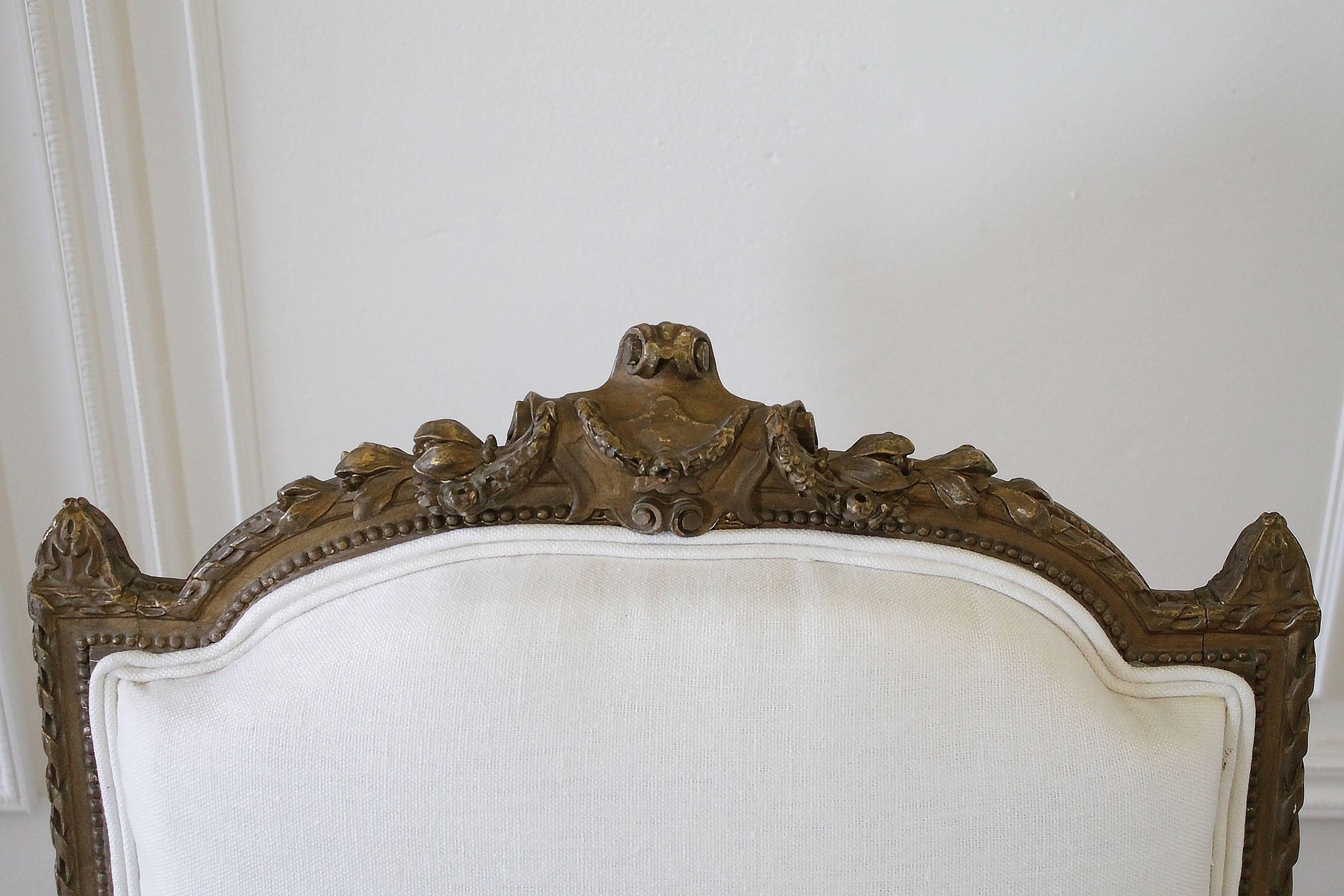 Antique Louis XVI Carved Open Armchair in White Belgian Linen In Good Condition In Brea, CA