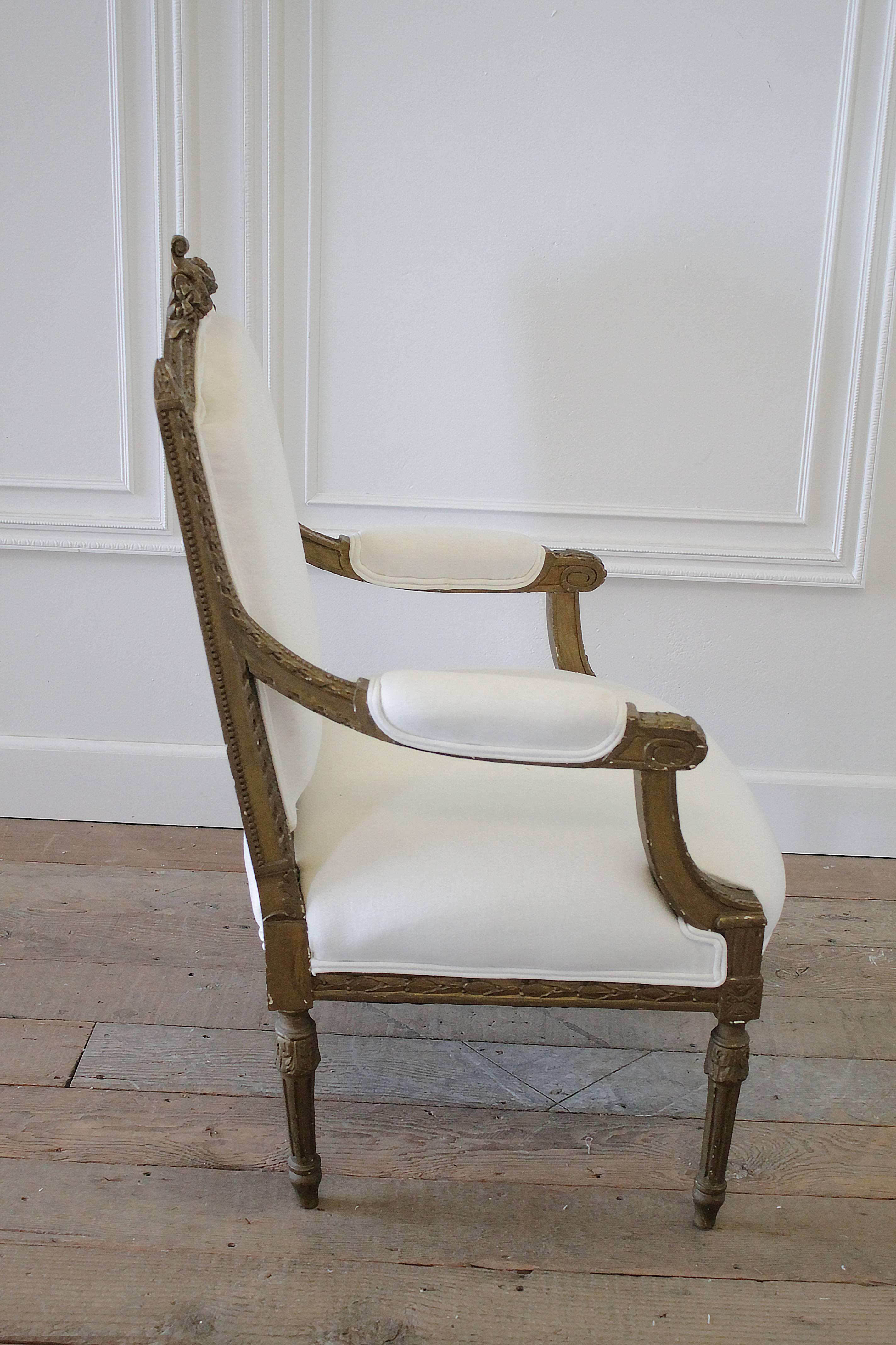Upholstery Antique Louis XVI Carved Open Armchair in White Belgian Linen