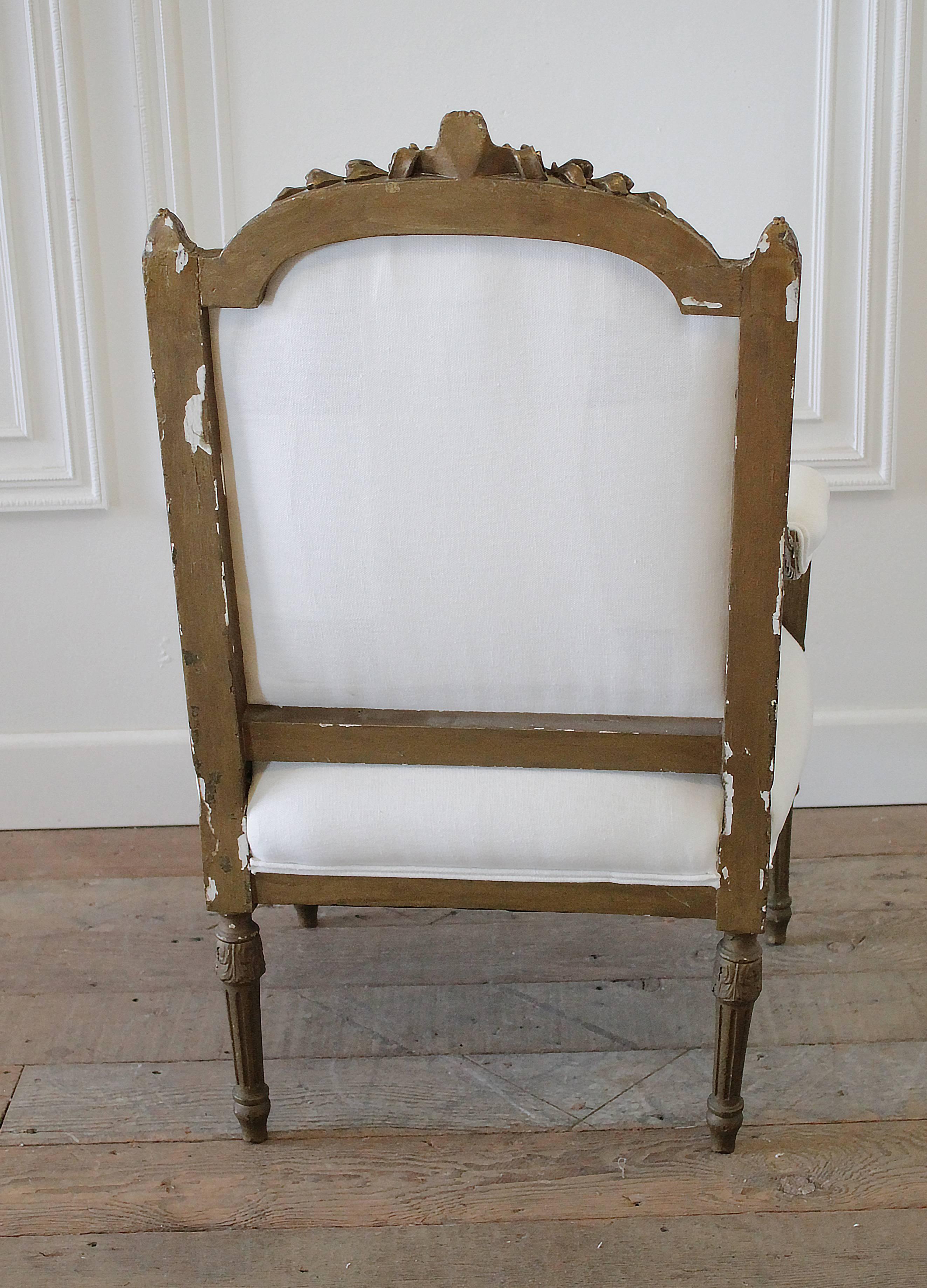 Antique Louis XVI Carved Open Armchair in White Belgian Linen 1