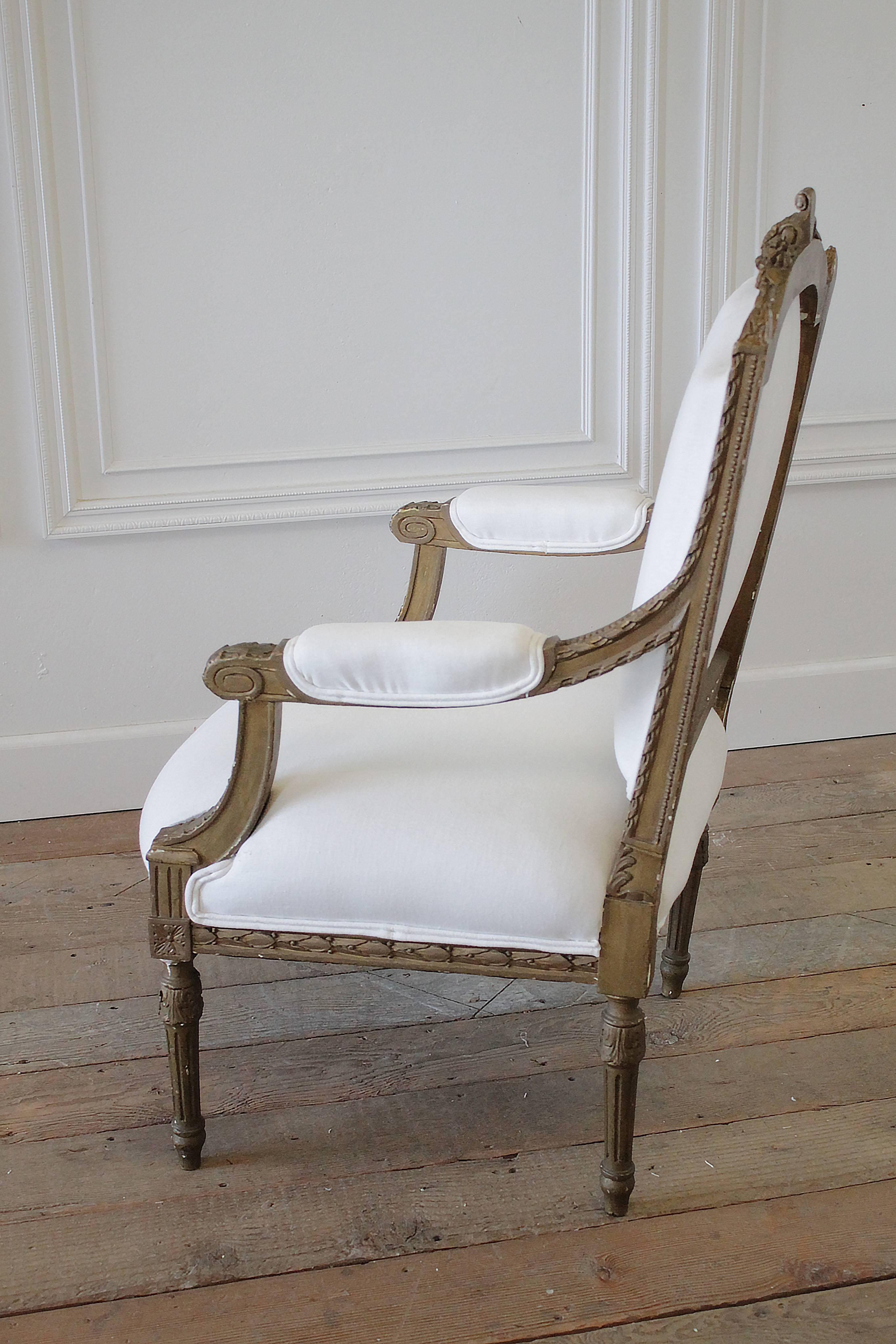 Antique Louis XVI Carved Open Armchair in White Belgian Linen 2