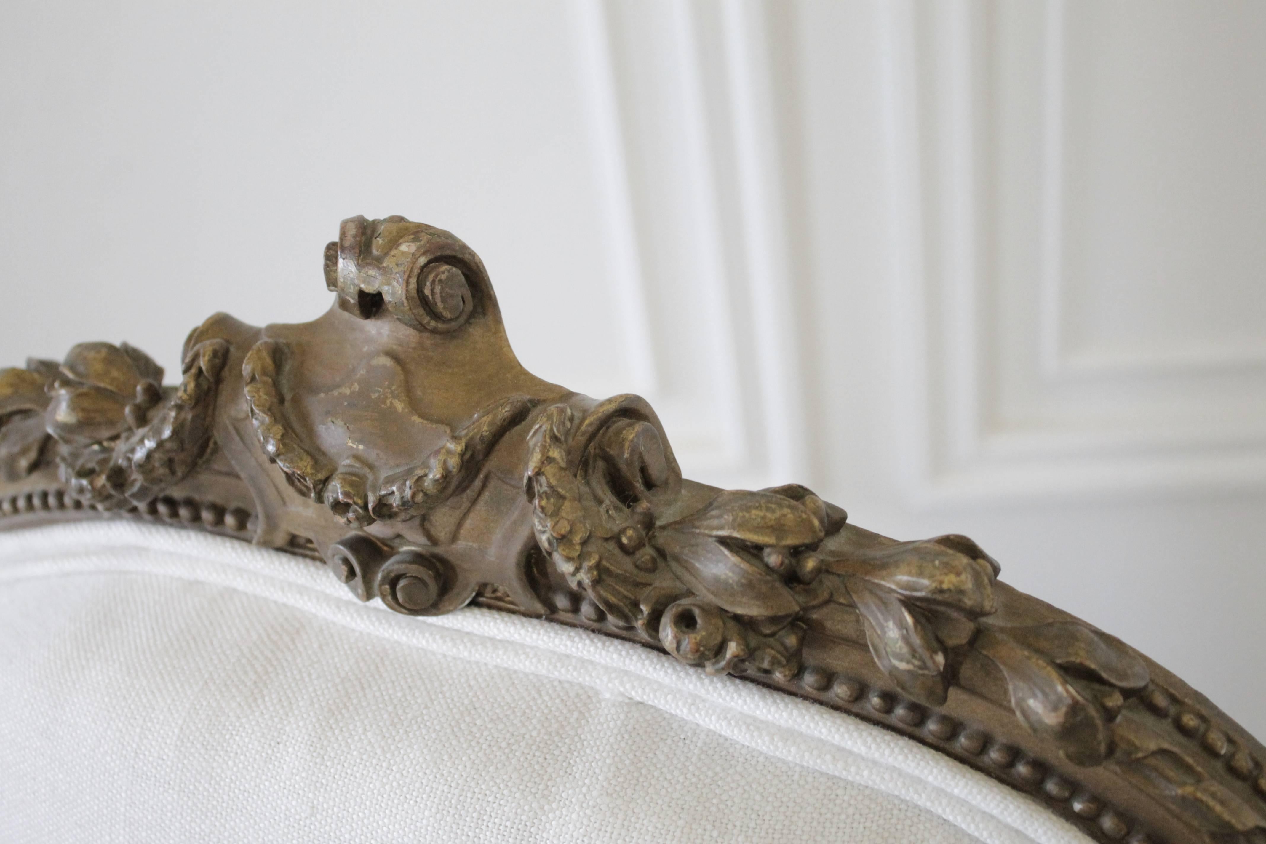 Antique Louis XVI Carved Open Armchair in White Belgian Linen 3