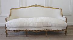19th Century Louis XV French Giltwood Rococo Sofa in Belgian Linen