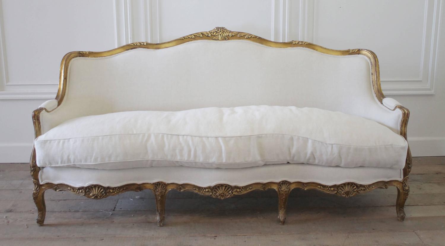 19th Century Louis XV French Giltwood Rococo Sofa in Belgian Linen at 1stdibs