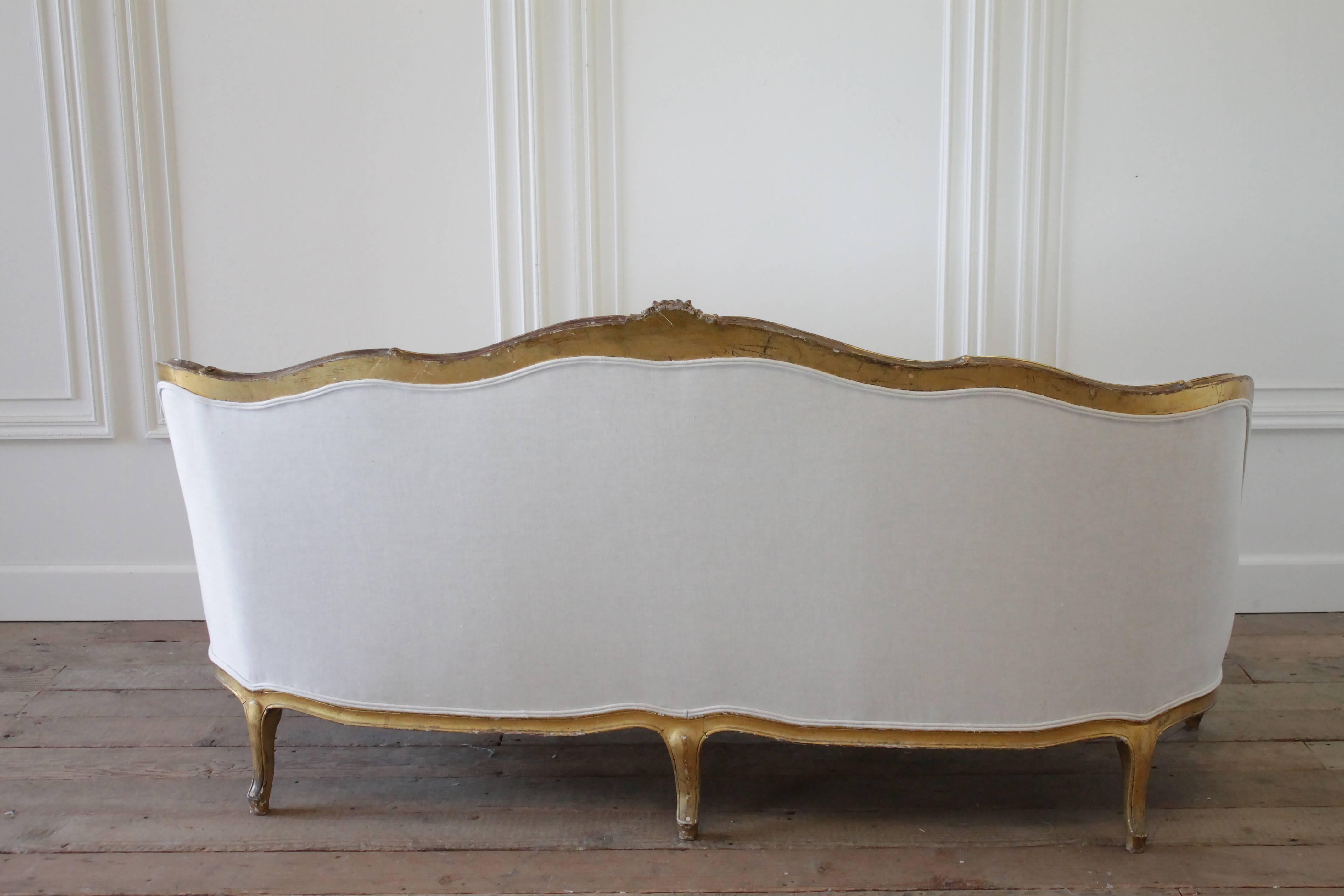 19th Century Louis XV French Giltwood Rococo Sofa in Belgian Linen 1