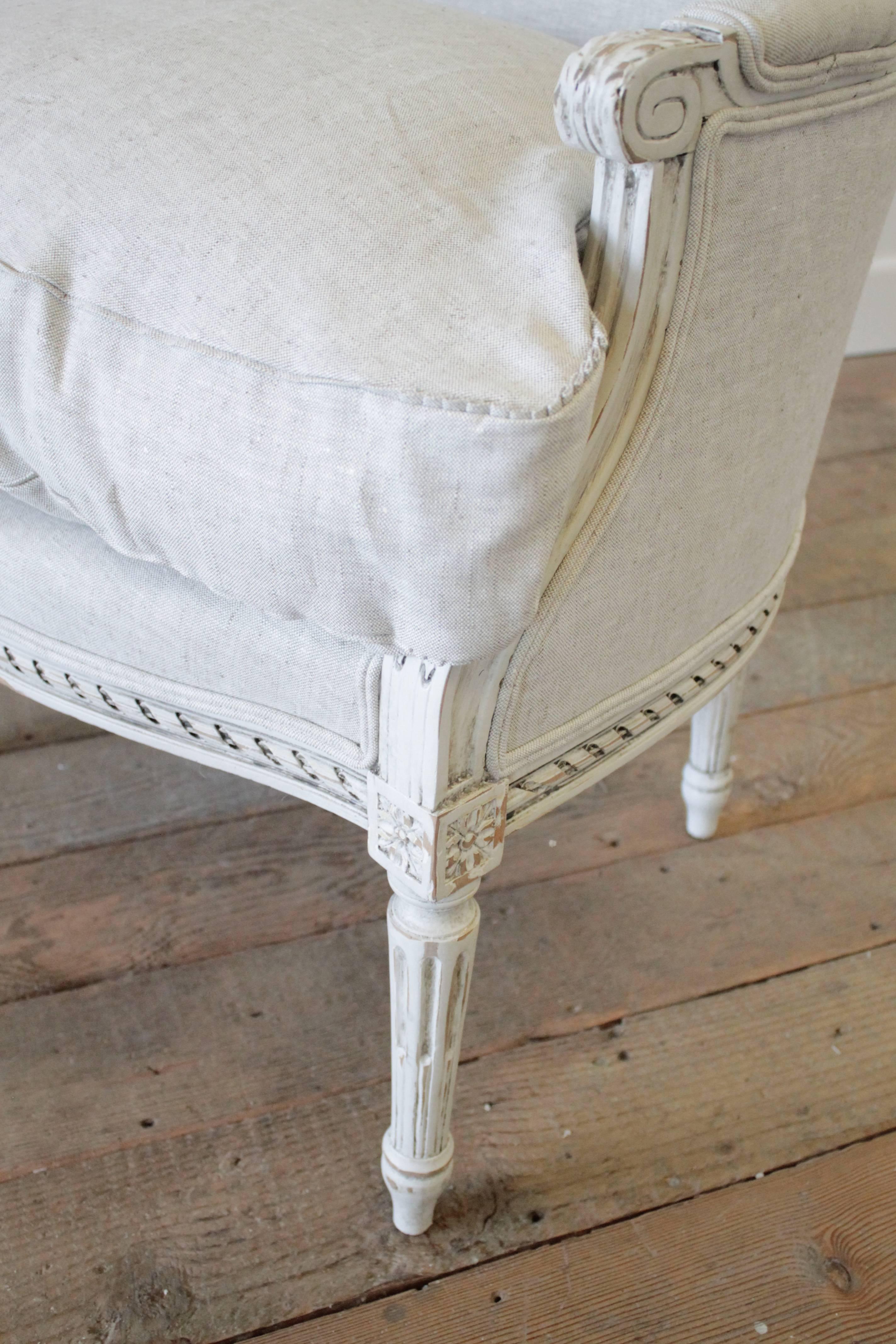 French 20th Century Painted Louis XVI Wing Chair in Natural Linen