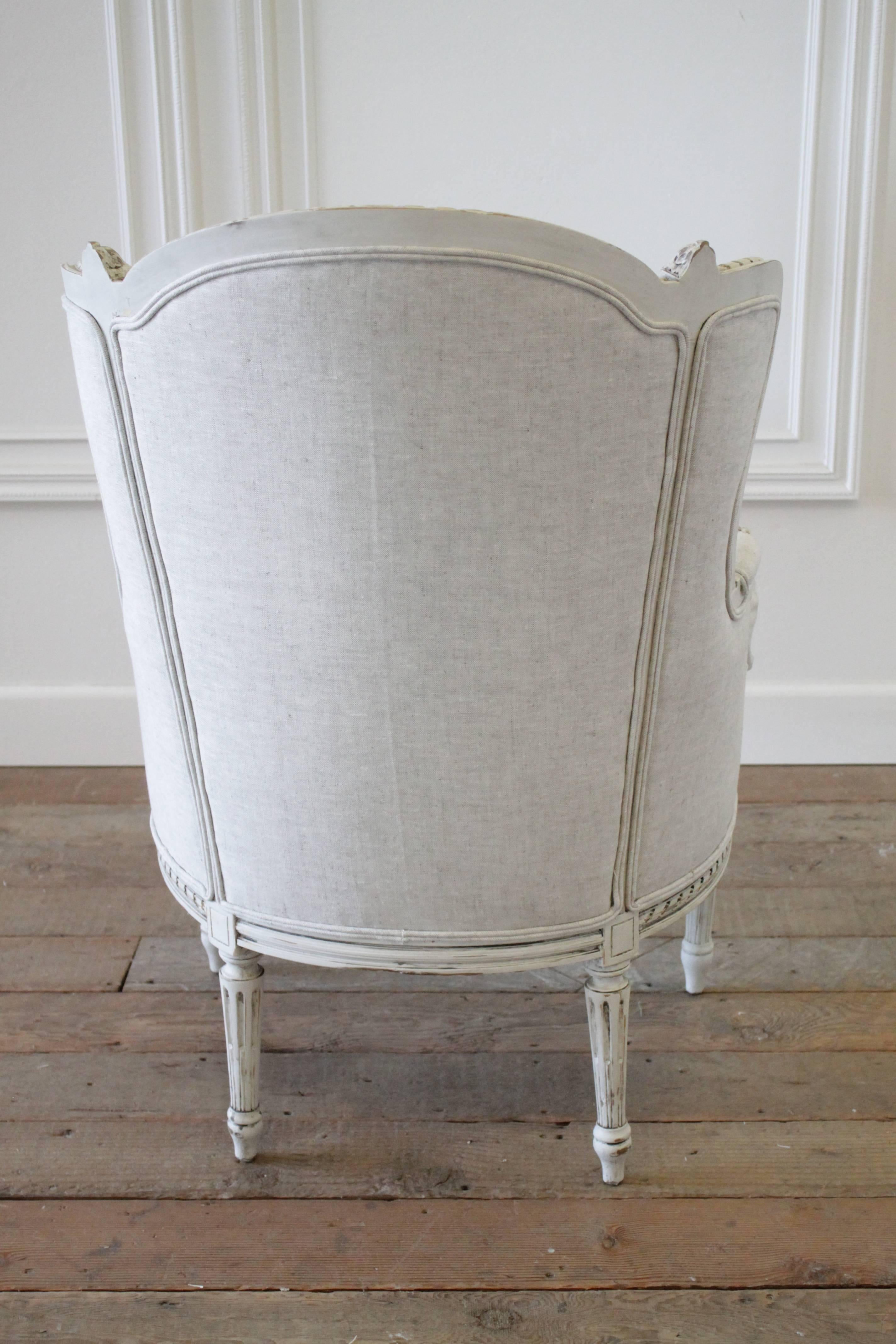 20th Century Painted Louis XVI Wing Chair in Natural Linen In Good Condition In Brea, CA