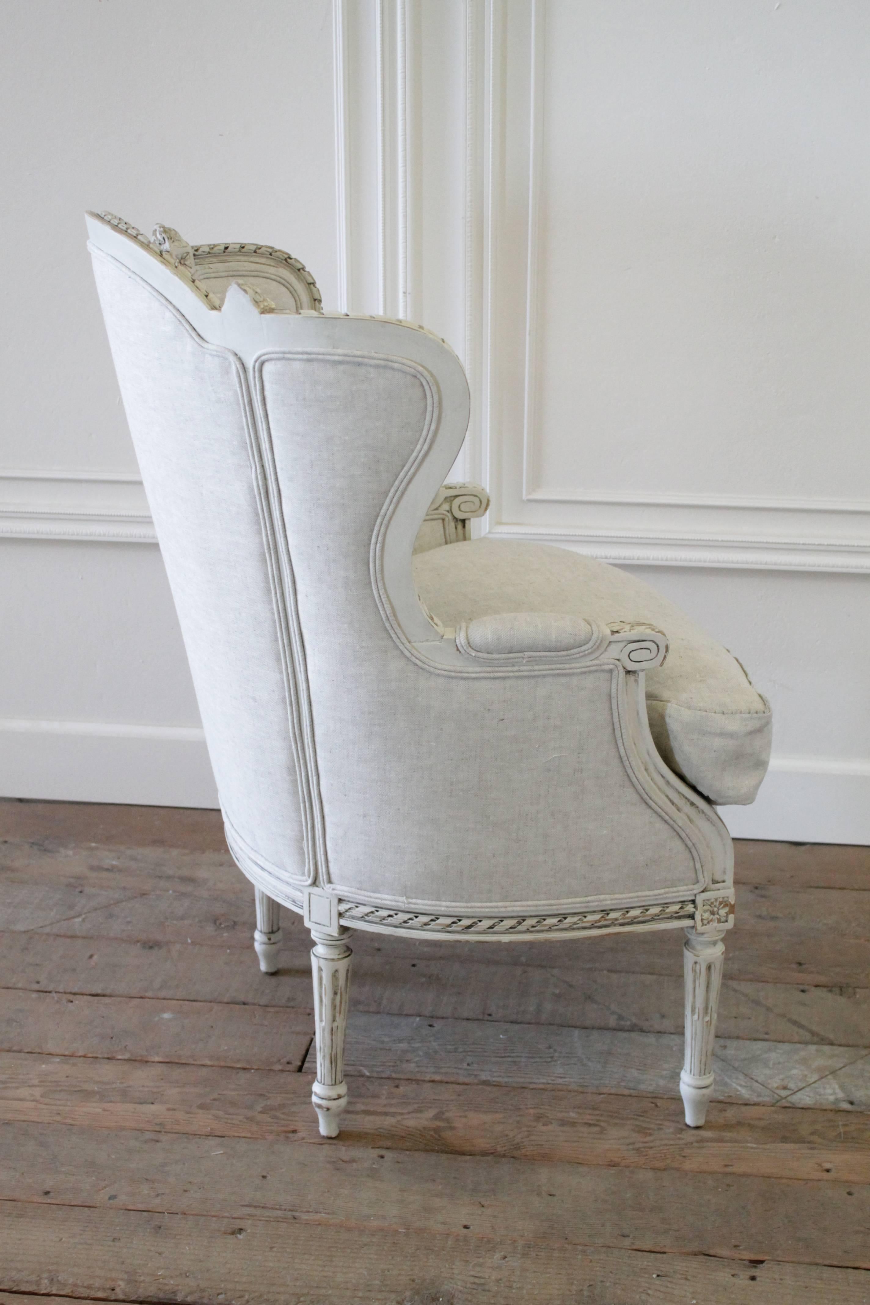 20th Century Painted Louis XVI Wing Chair in Natural Linen 1