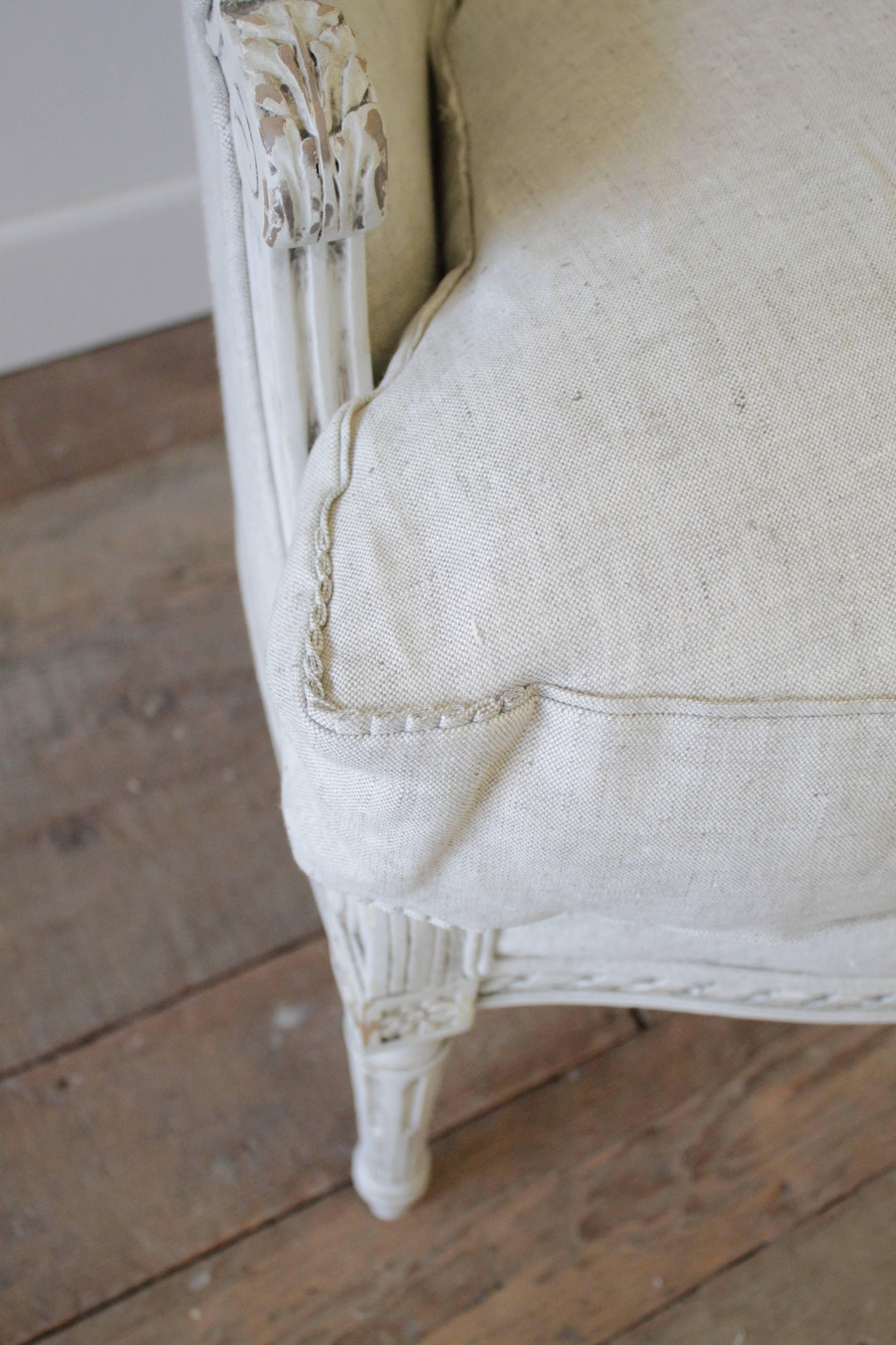 20th Century Painted Louis XVI Wing Chair in Natural Linen 2