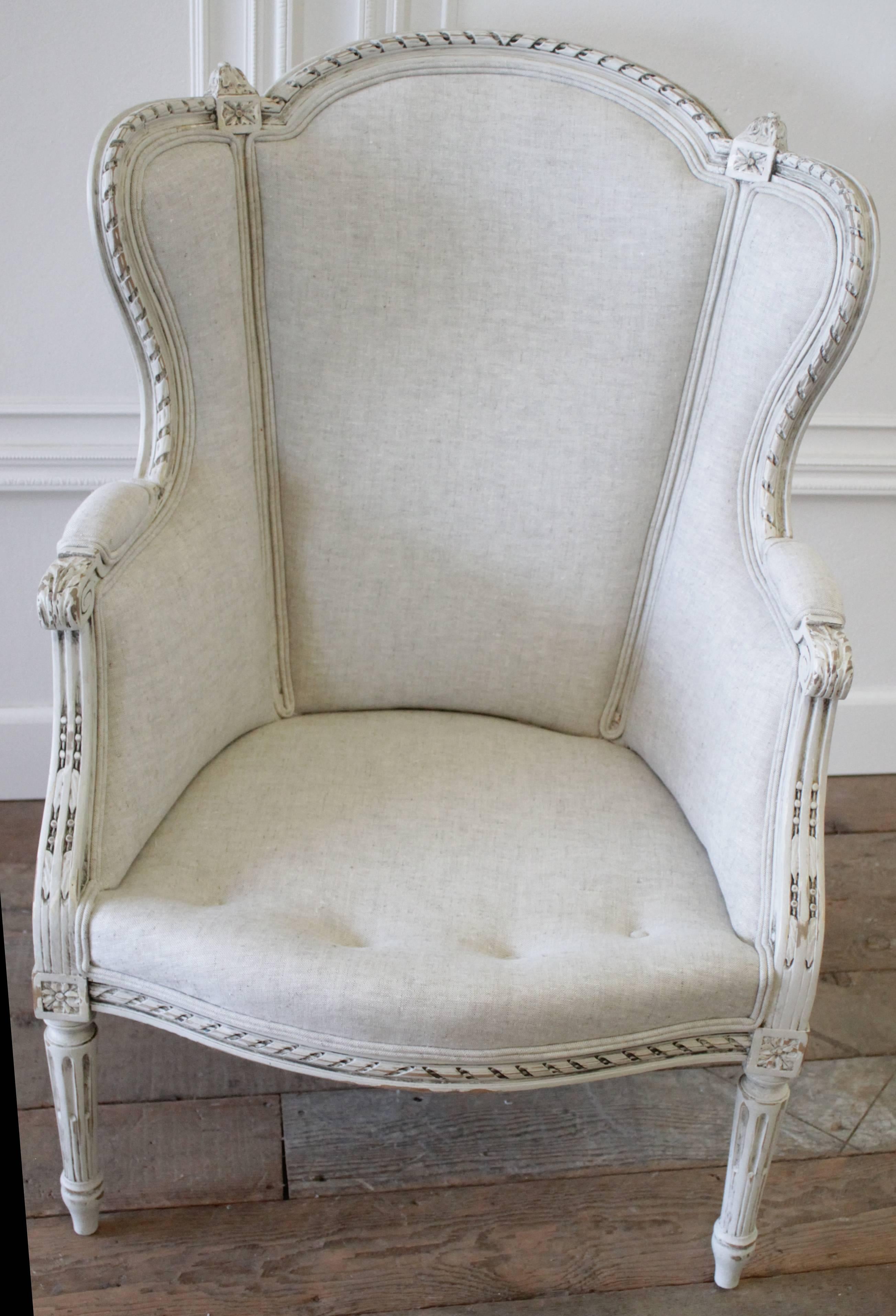20th Century Painted Louis XVI Wing Chair in Natural Linen 3