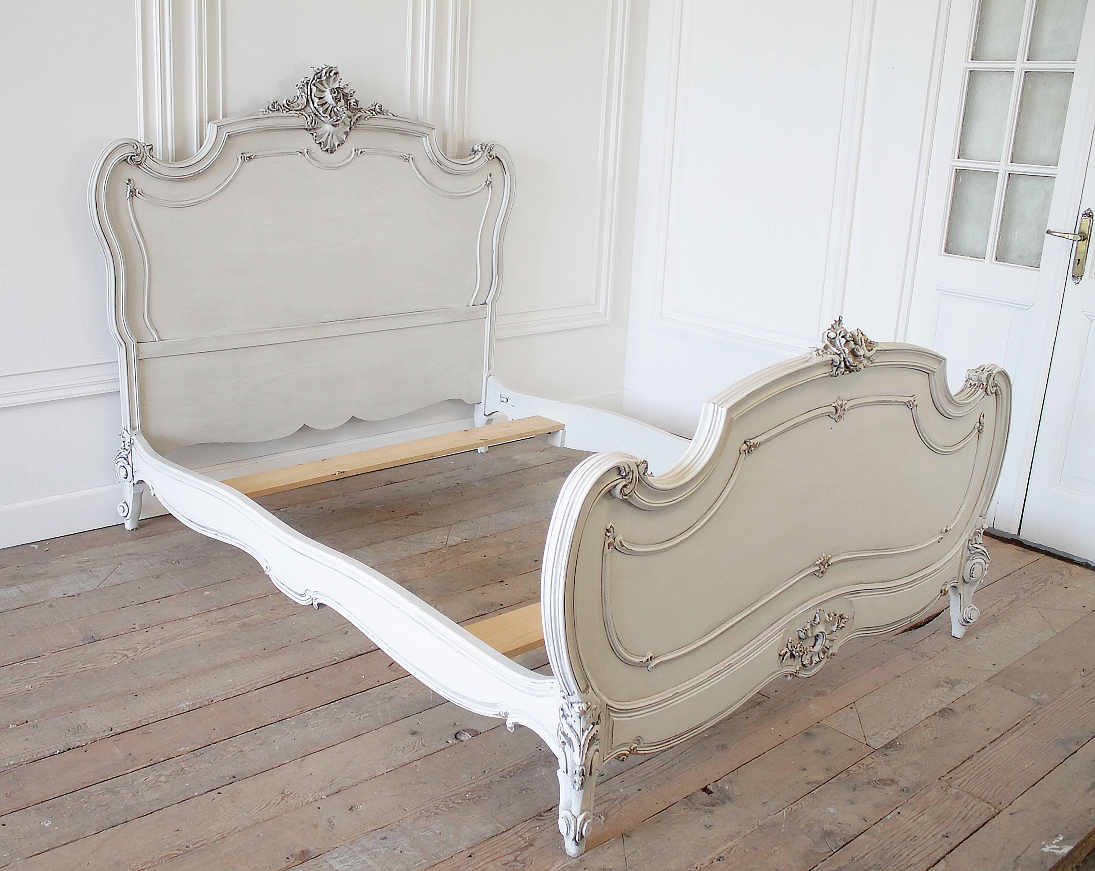 Walnut 19th Century Louis XV Style Carved and Painted Full Size French Bed