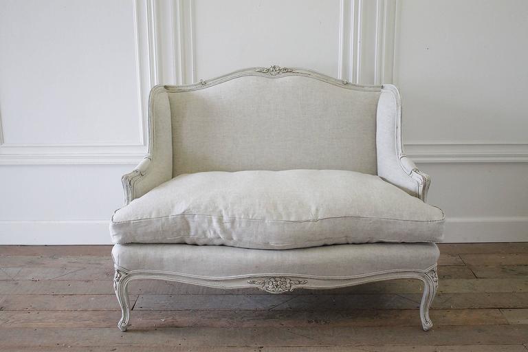 Antique French Country Louis XV Style Painted and Linen Upholstered Settee at 1stDibs french