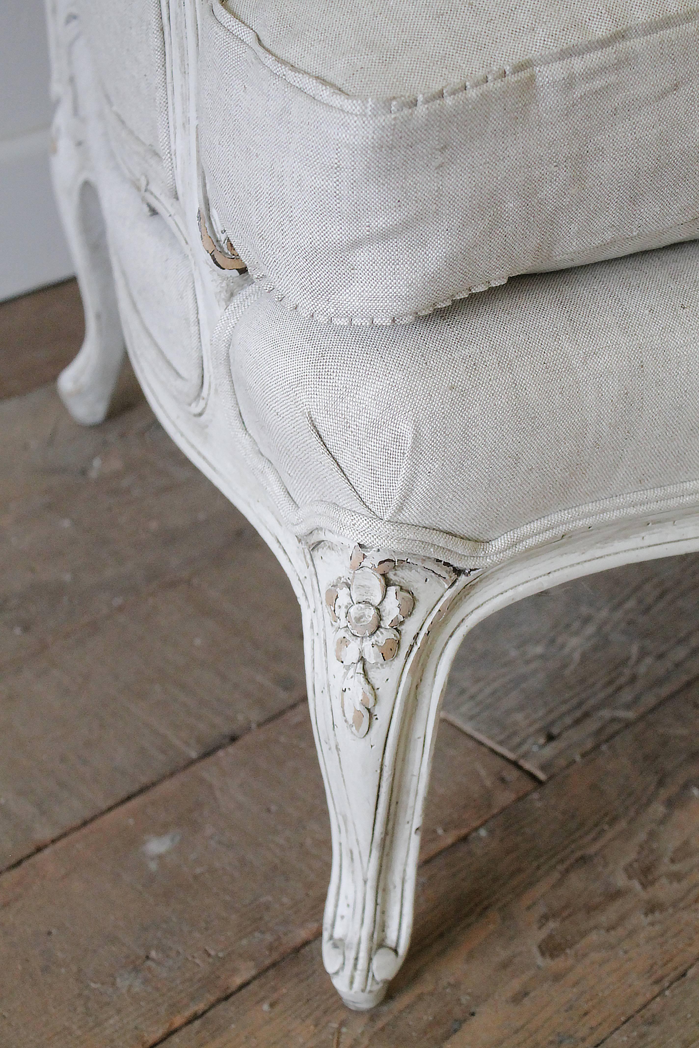 Carved Antique French Country Louis XV Style Painted and Linen Upholstered Settee