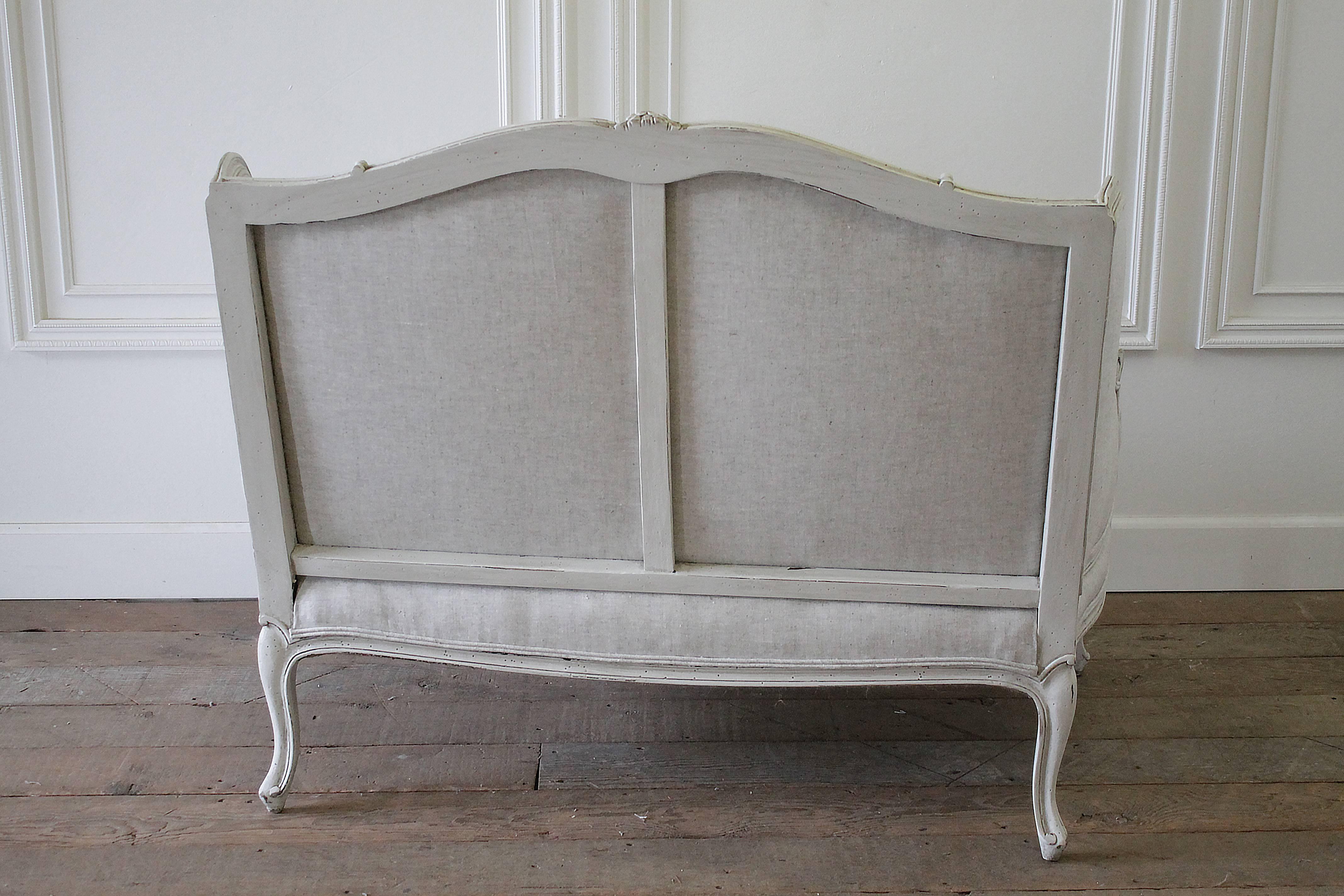 20th Century Antique French Country Louis XV Style Painted and Linen Upholstered Settee