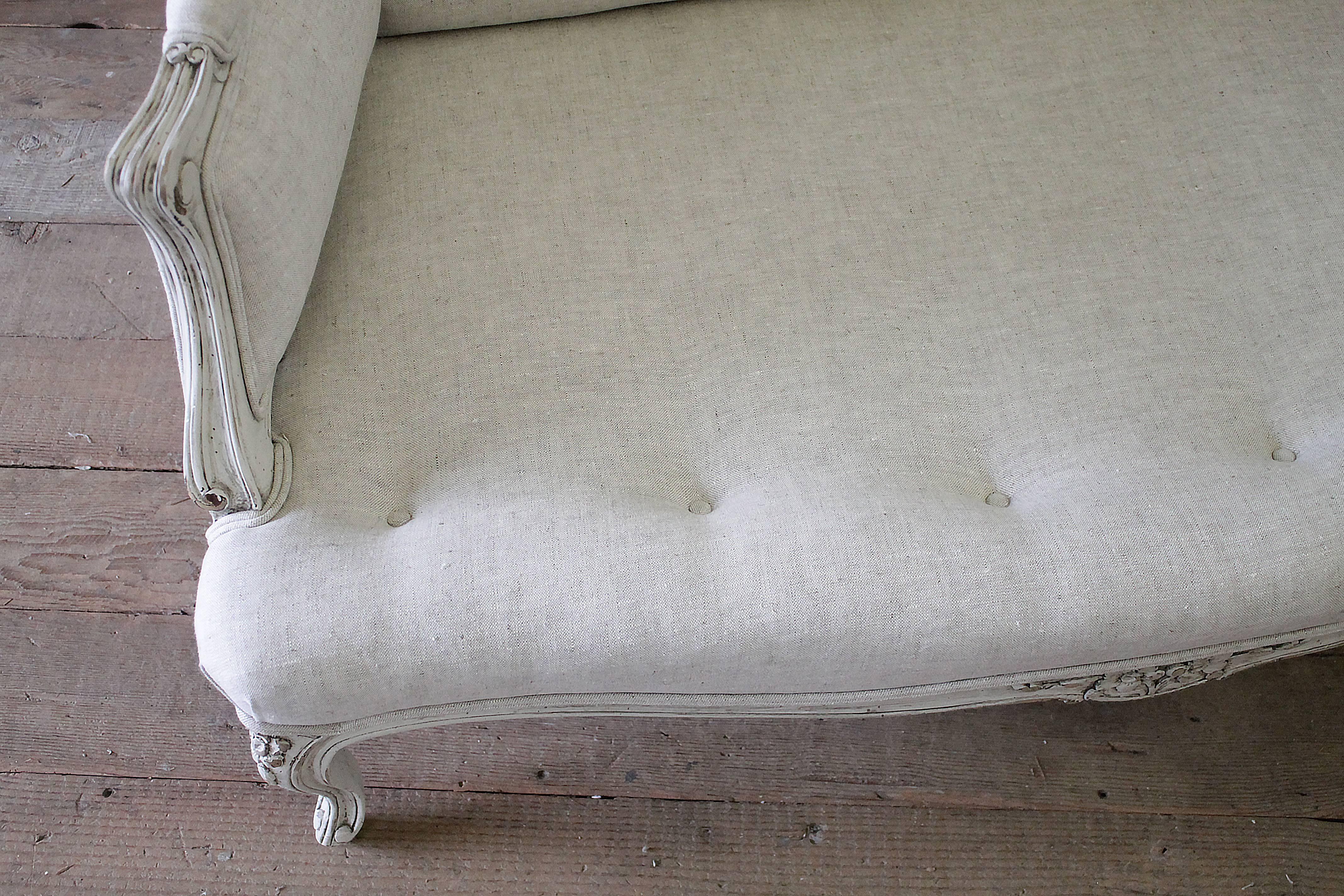 Antique French Country Louis XV Style Painted and Linen Upholstered Settee 1