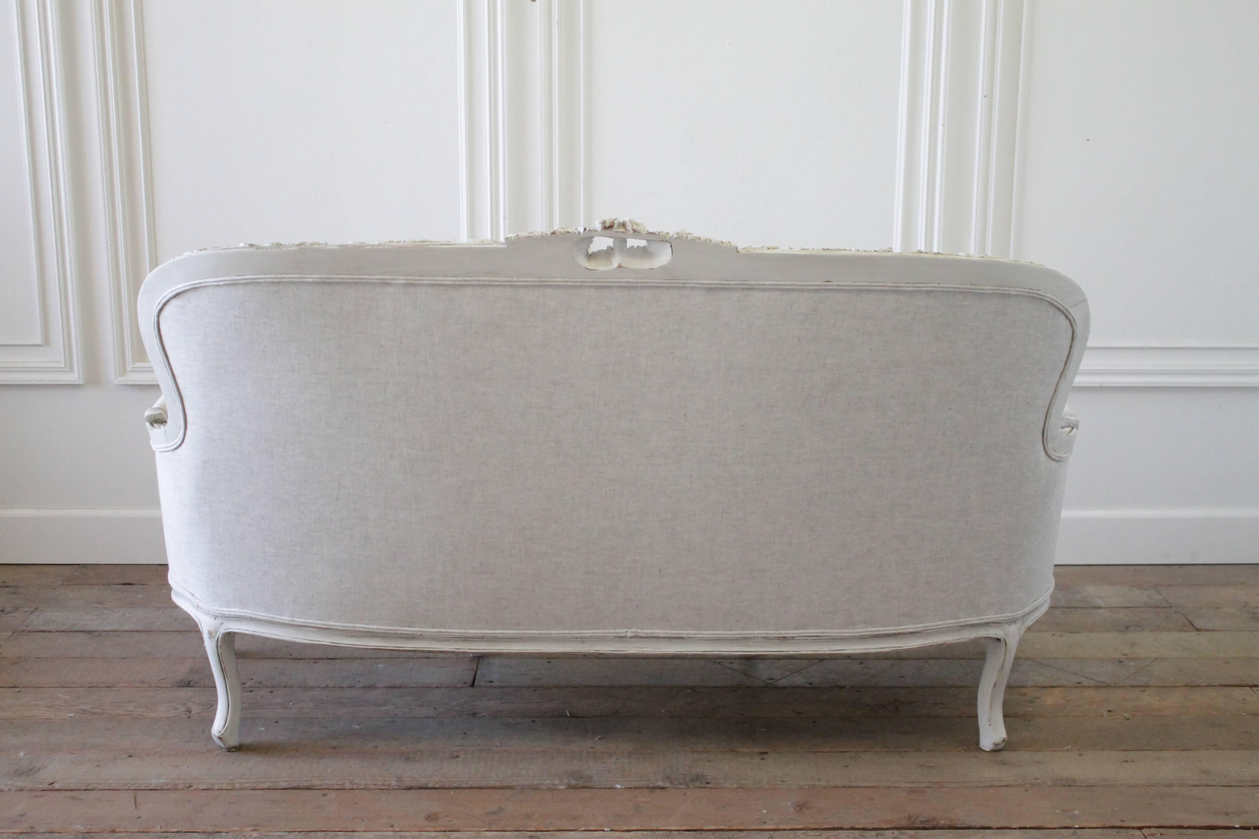 Cotton Antique French Roses Carved Sofa Upholstered in Belgian Linen