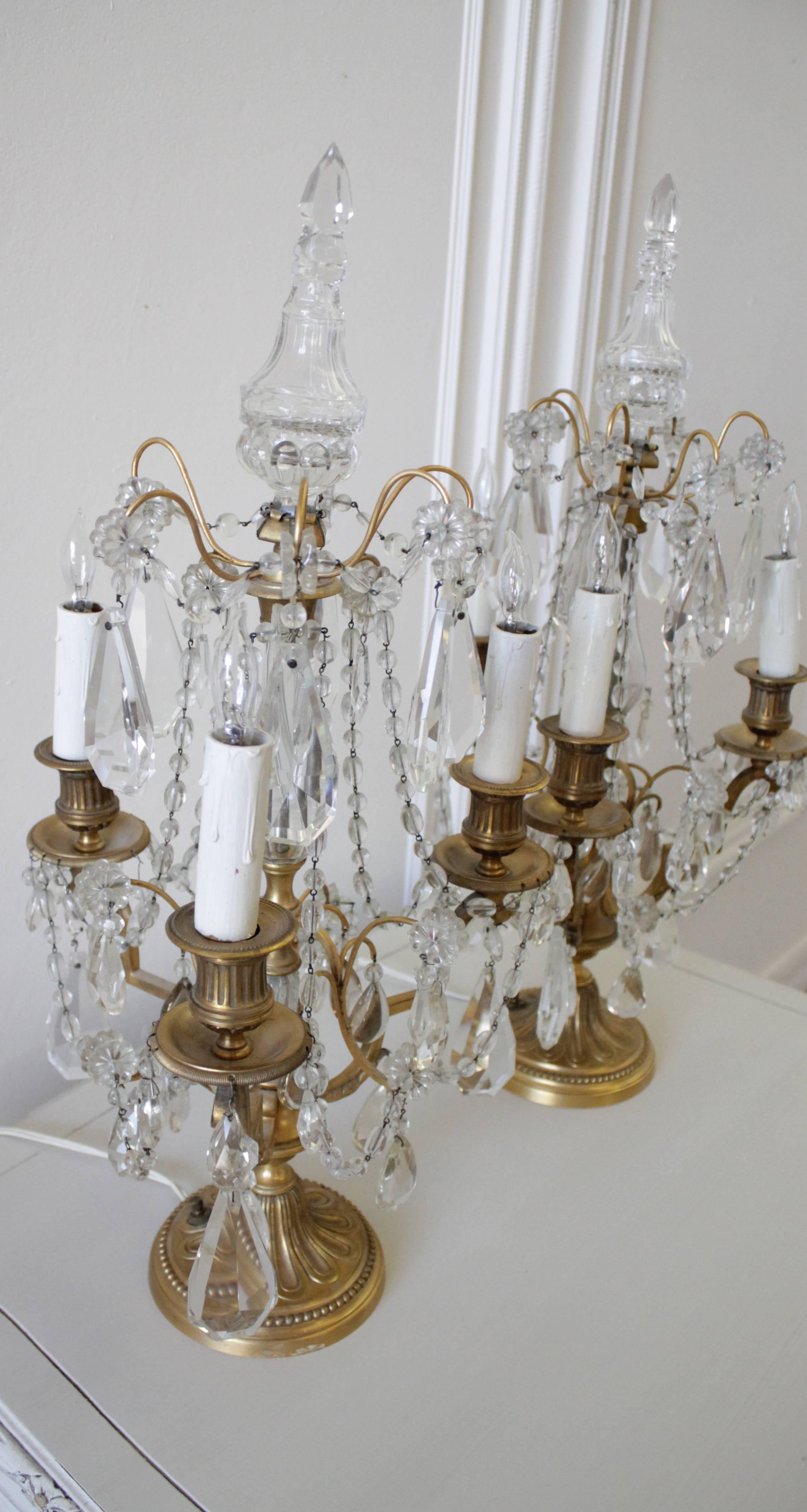 Pair of French Brass and Crystal Three-Light Girandole Chandelier Lamps In Good Condition In Brea, CA
