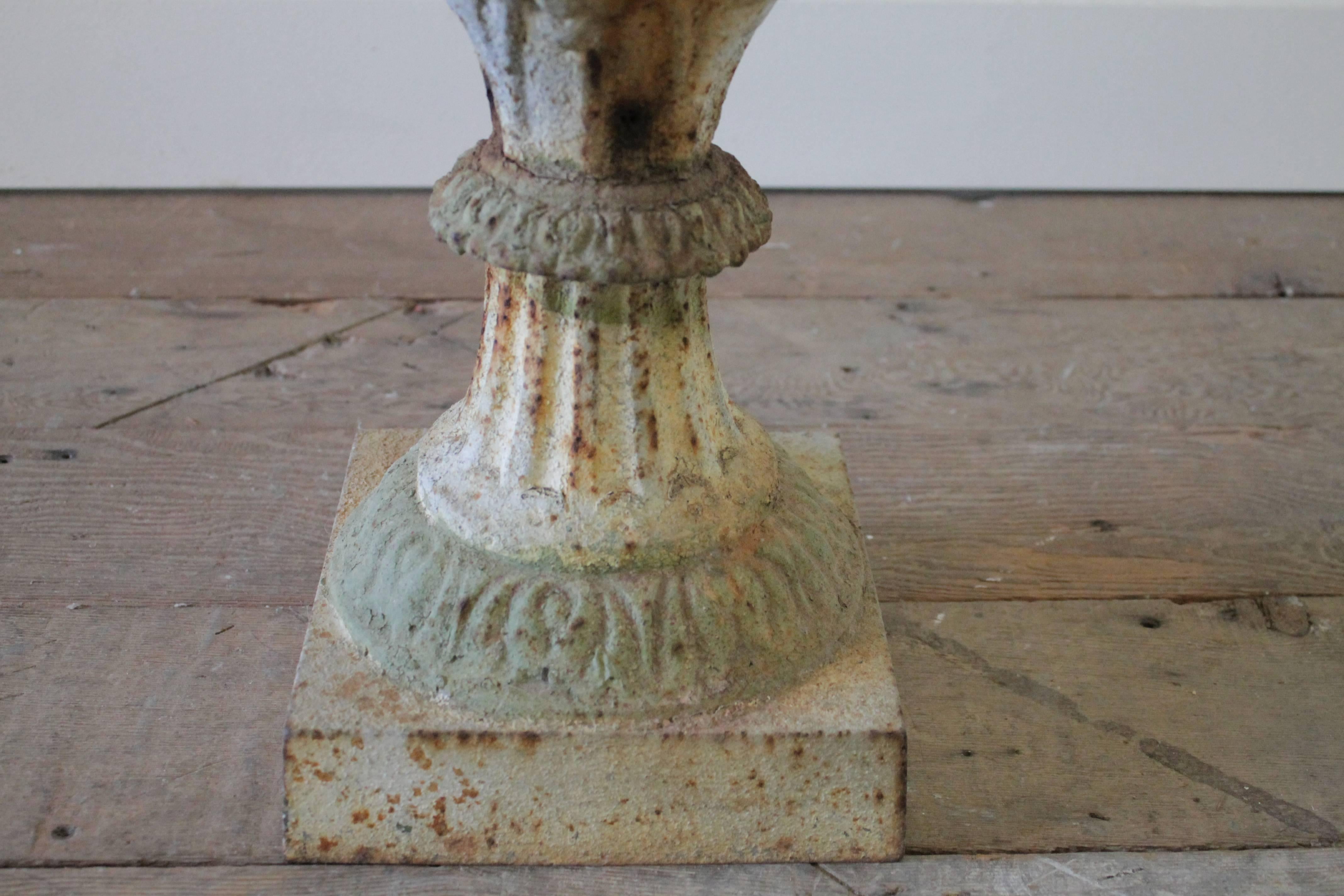 Beautiful decorative cast-iron urn with fluted foot and scalloped rim, painted white; urn has a drainage hole.
           