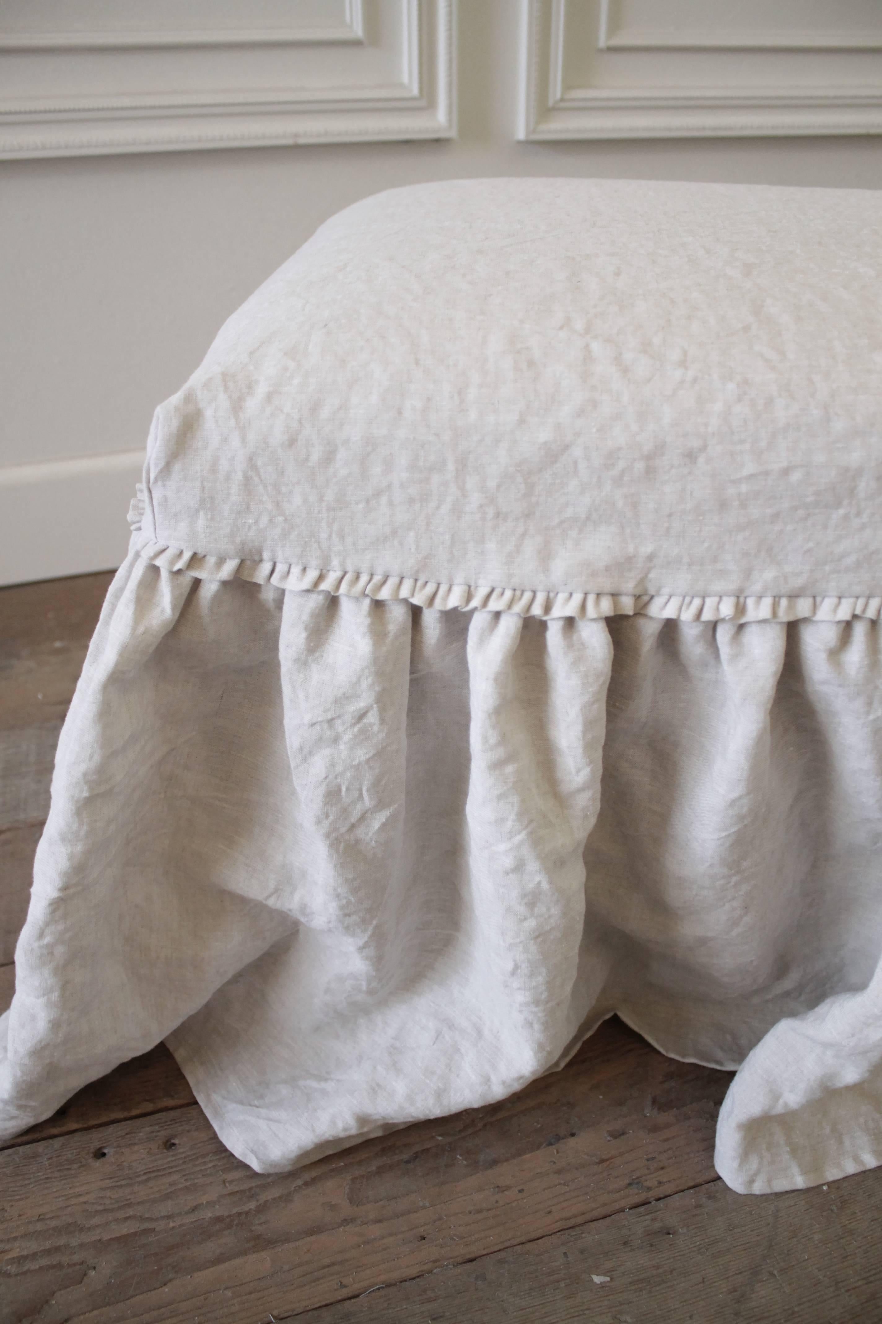 Louis XVI Vintage King Size Bench with Linen Ruffle Slip Cover