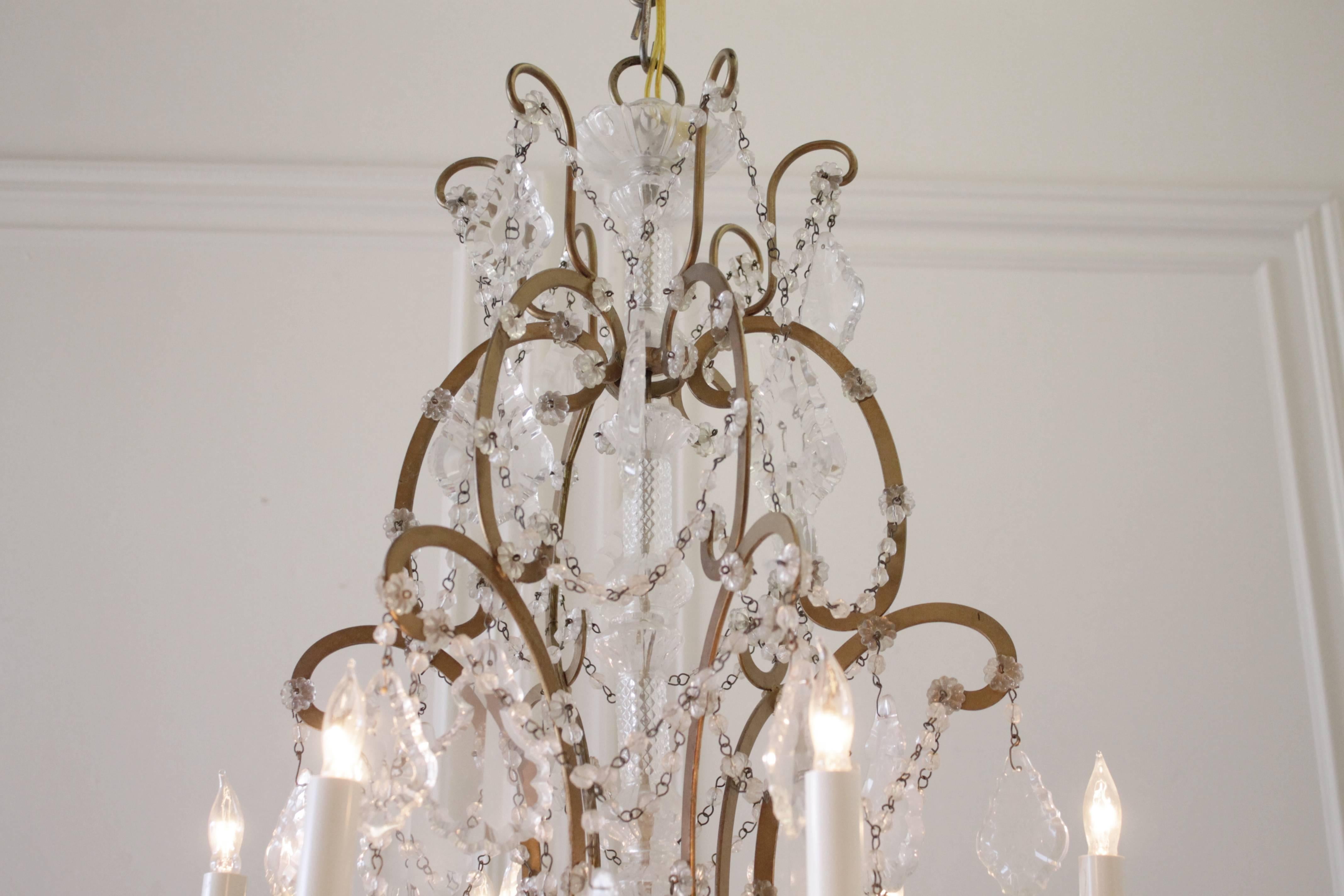 French Antique Italian Eighteen-Light Bronze and Crystal Chandelier