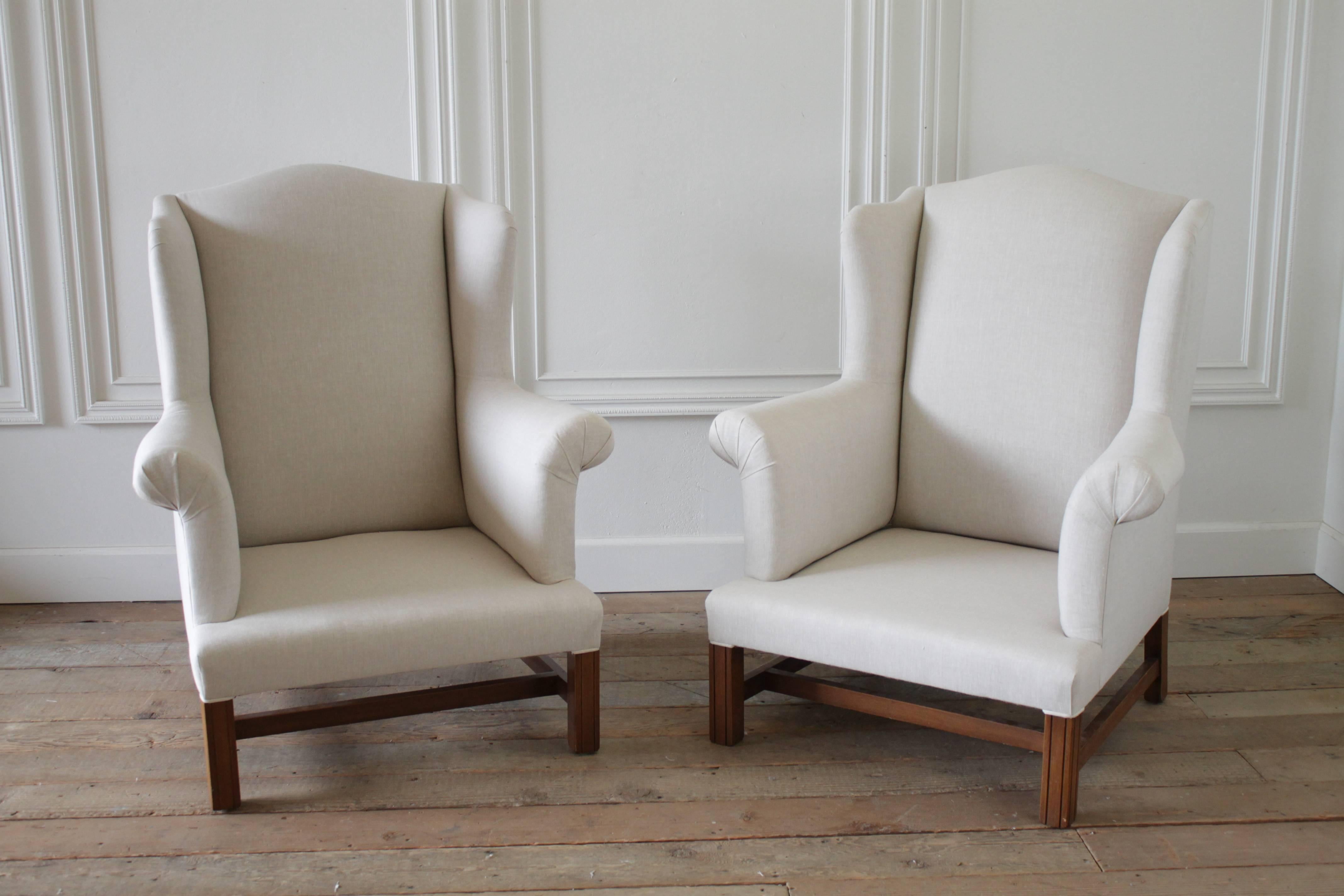 Vintage Wingback Chairs Slip Covered in Organic Irish Linen In Good Condition In Brea, CA