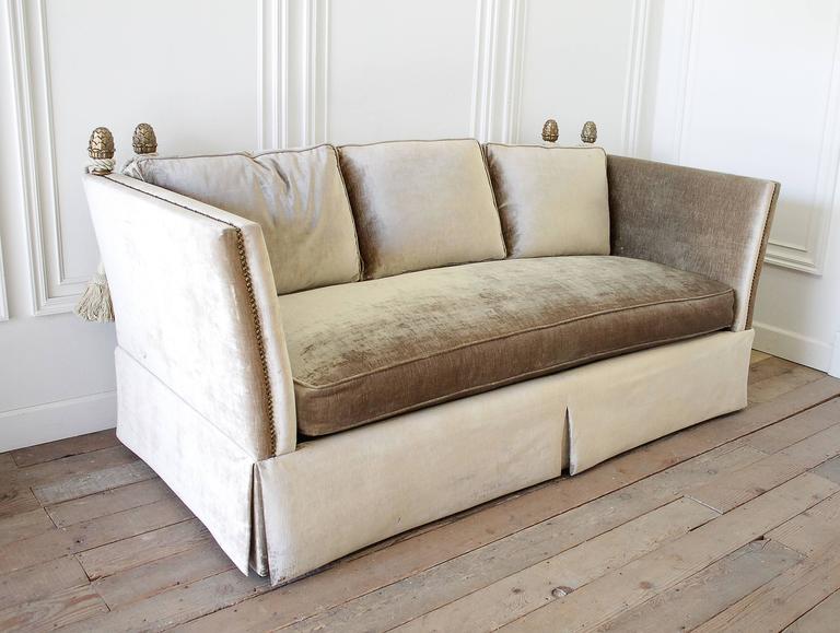 Pair Of Knoll Style Sofas With Acorn Finials In Champagne Velvet Upholstery At 1stdibs Knoll Style Sofas With Acorn Finials, Knoll Style Sofa Velvet