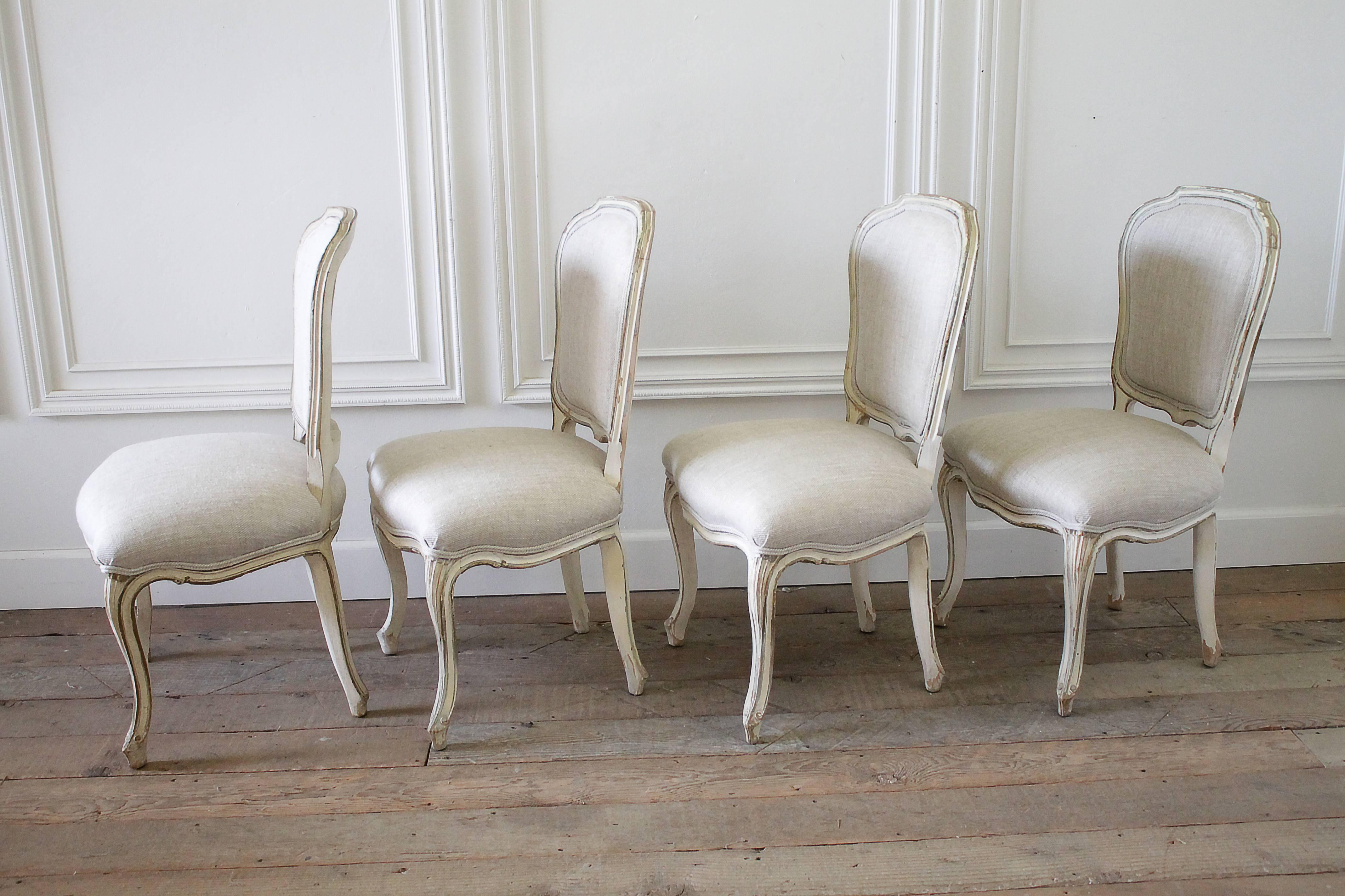 French Set of Four Painted Louis XV Style Dining Chairs in Irish Linen