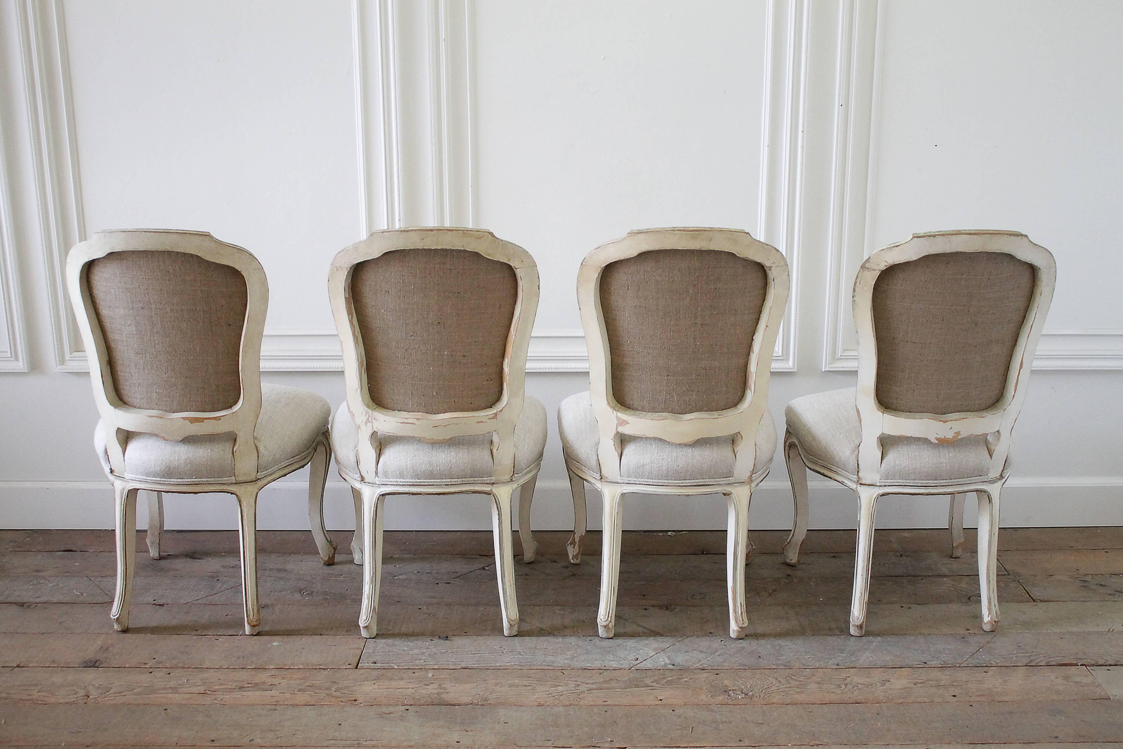 Set of Four Painted Louis XV Style Dining Chairs in Irish Linen In Good Condition In Brea, CA