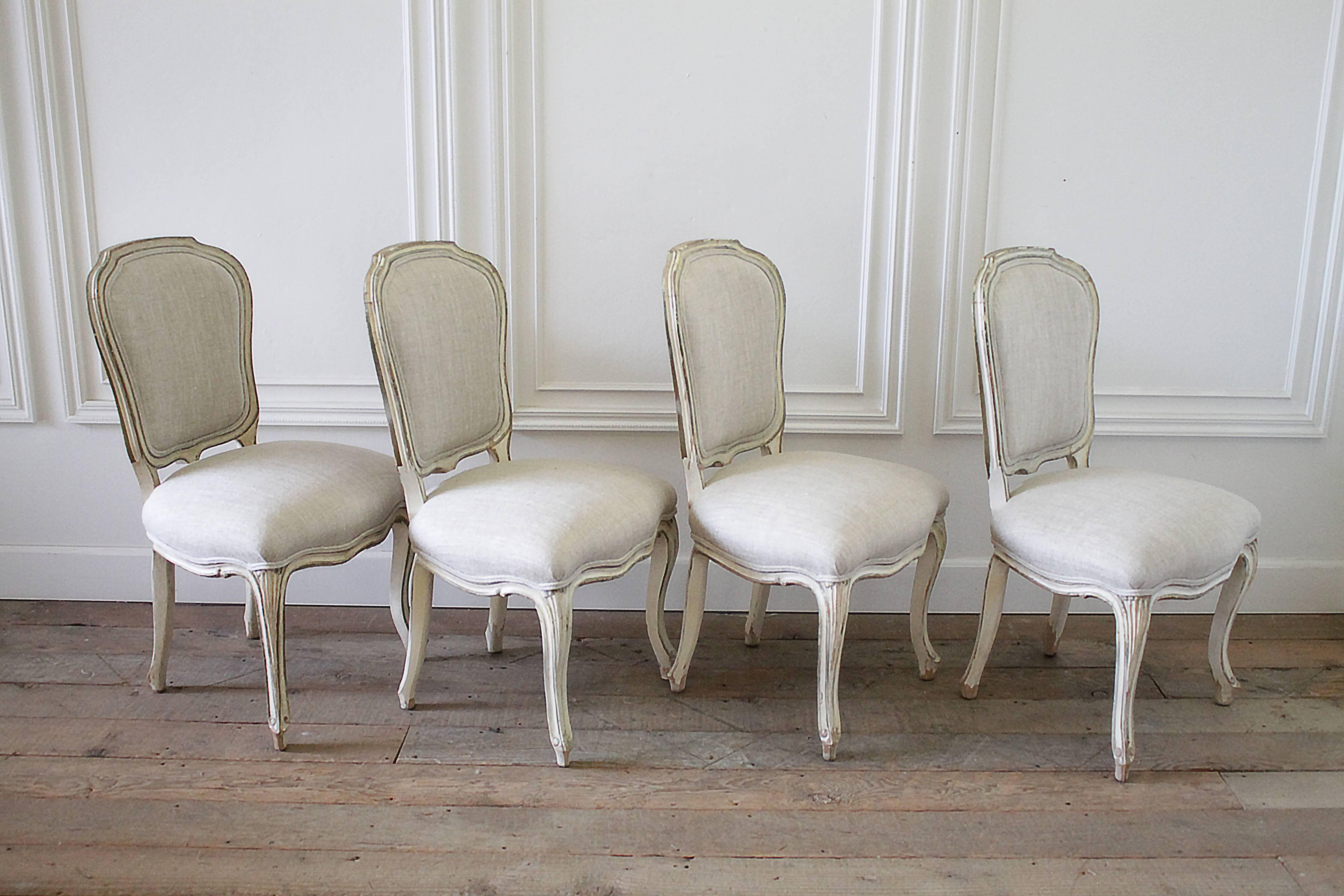 20th Century Set of Four Painted Louis XV Style Dining Chairs in Irish Linen