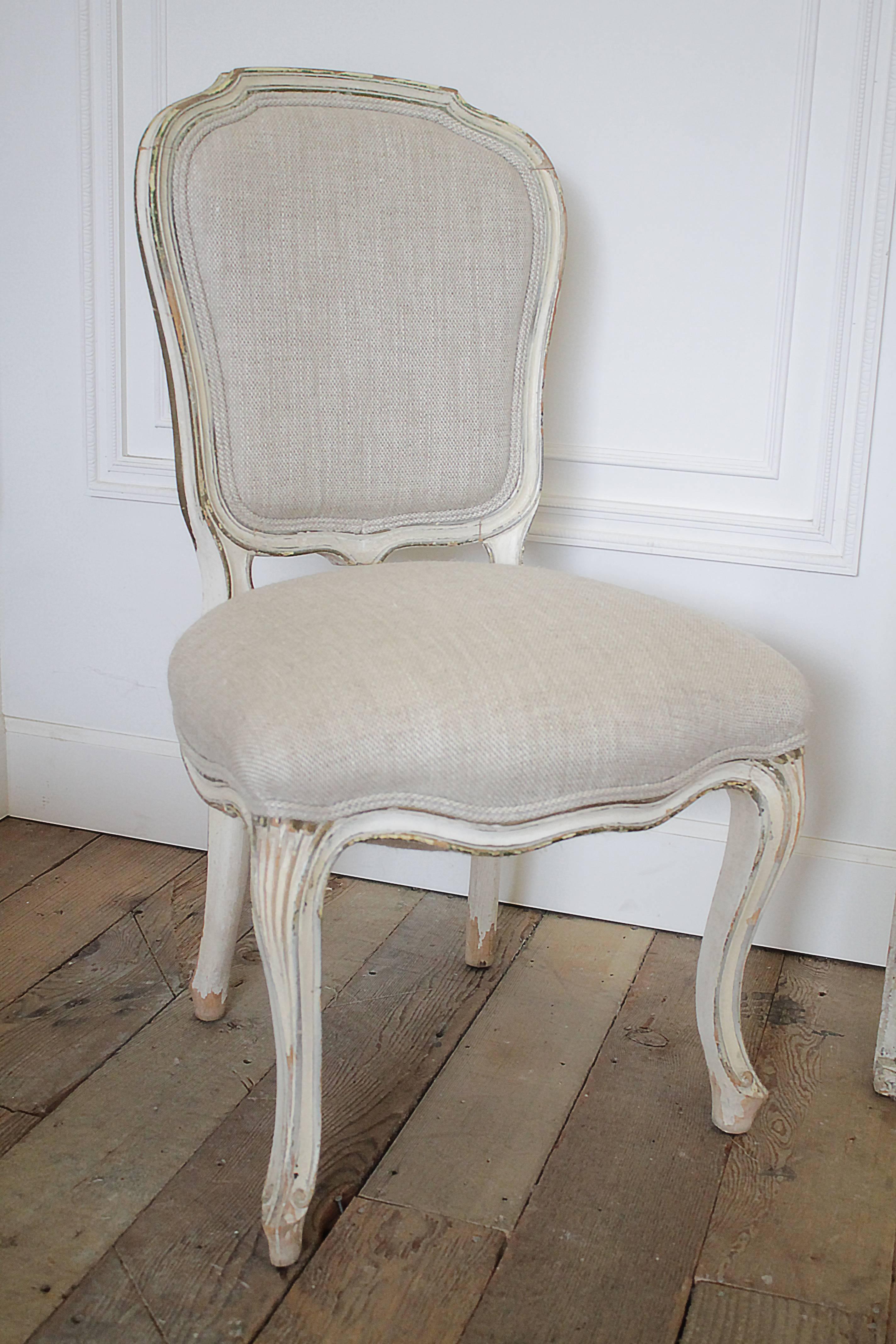 Set of Four Painted Louis XV Style Dining Chairs in Irish Linen 1
