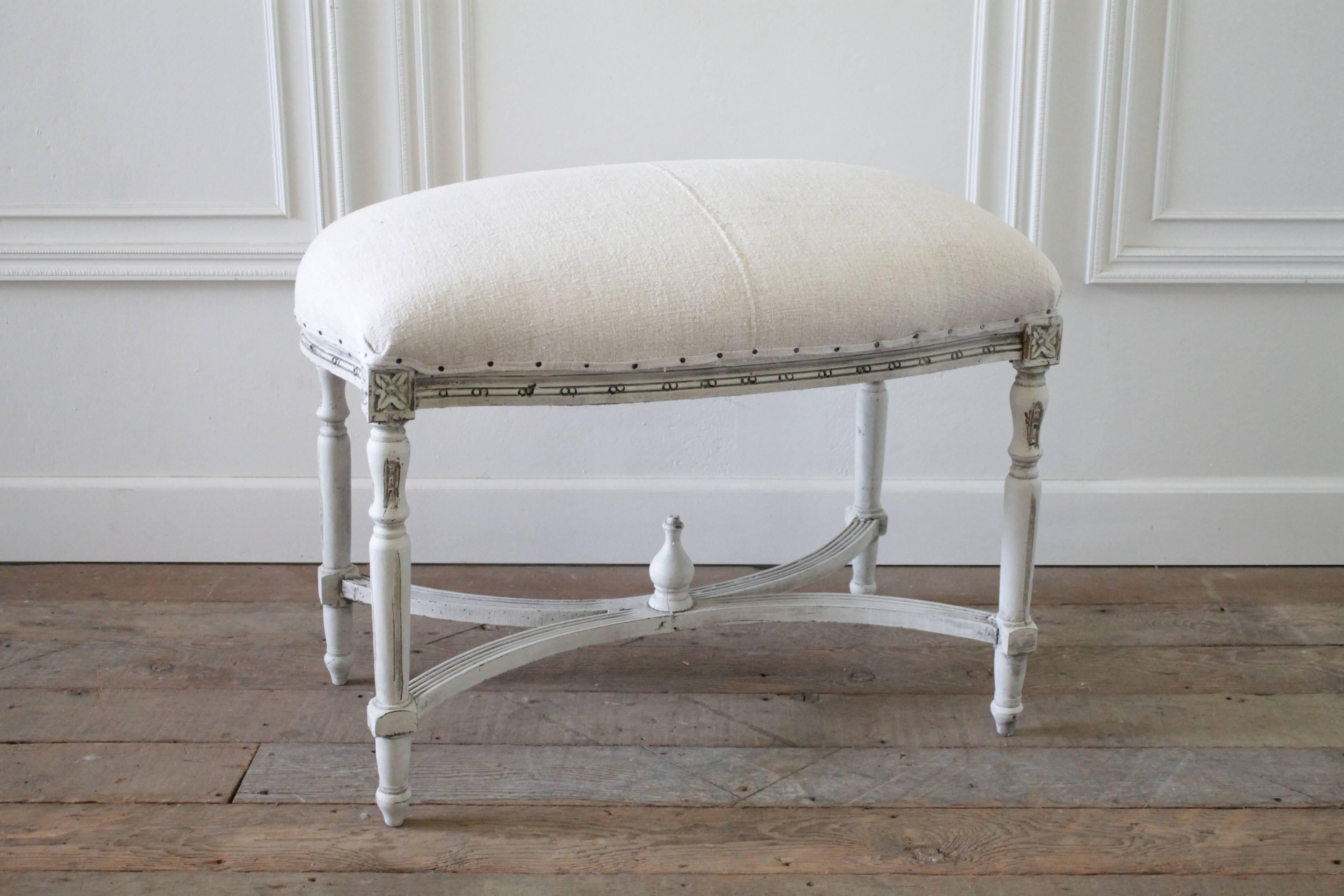 Upholstery 19th Century Carved and Painted Bench Upholstered in French Grain Fabric