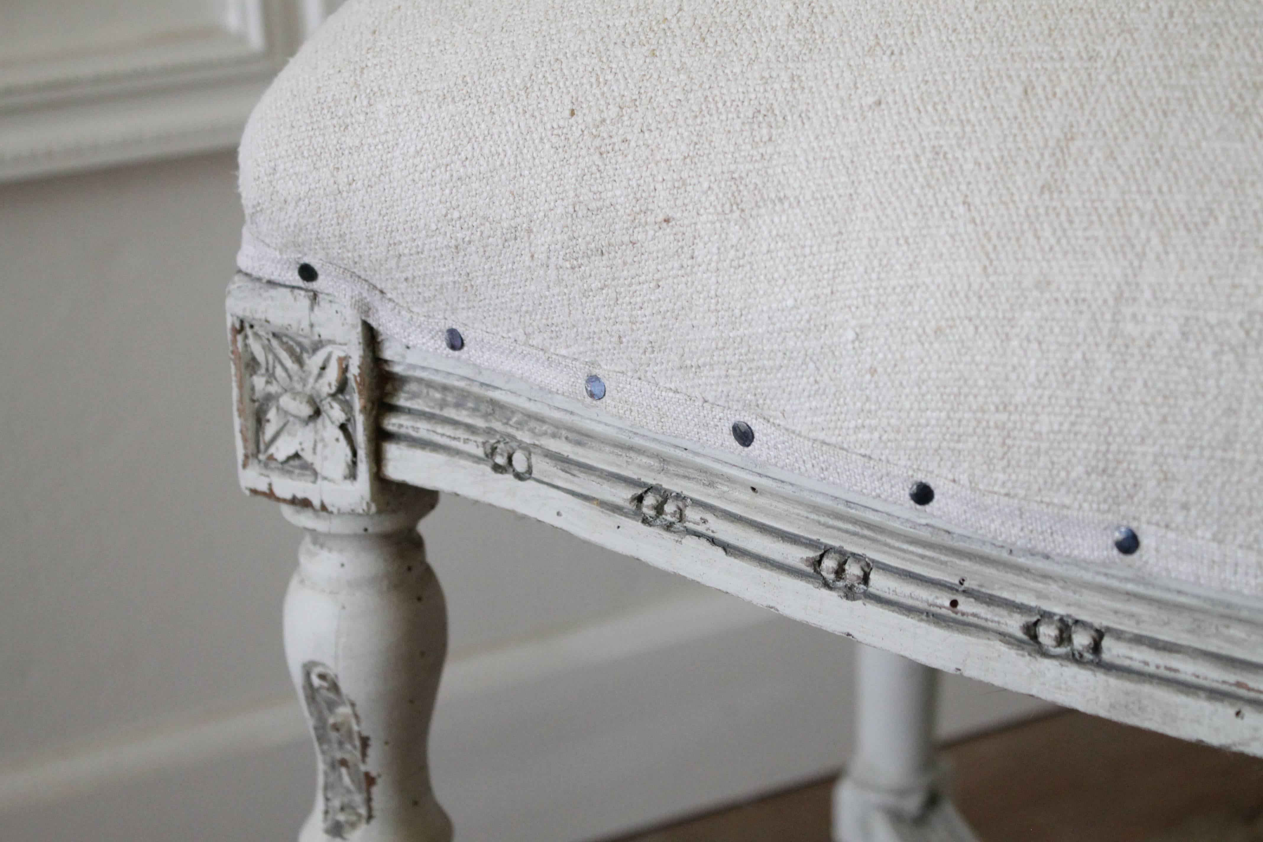 19th Century Carved and Painted Bench Upholstered in French Grain Fabric 3