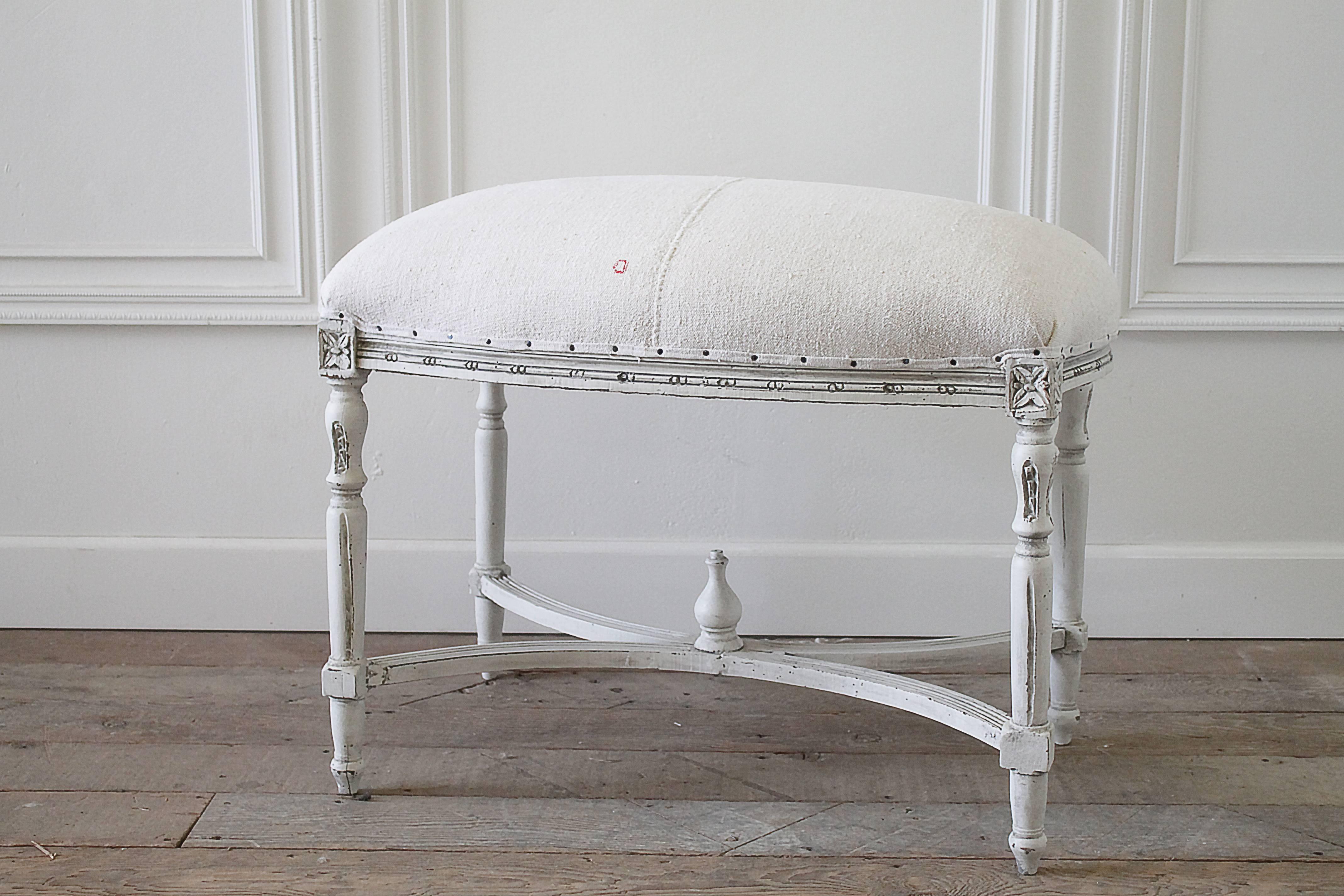 19th Century Carved and Painted Bench Upholstered in French Grain Fabric 4