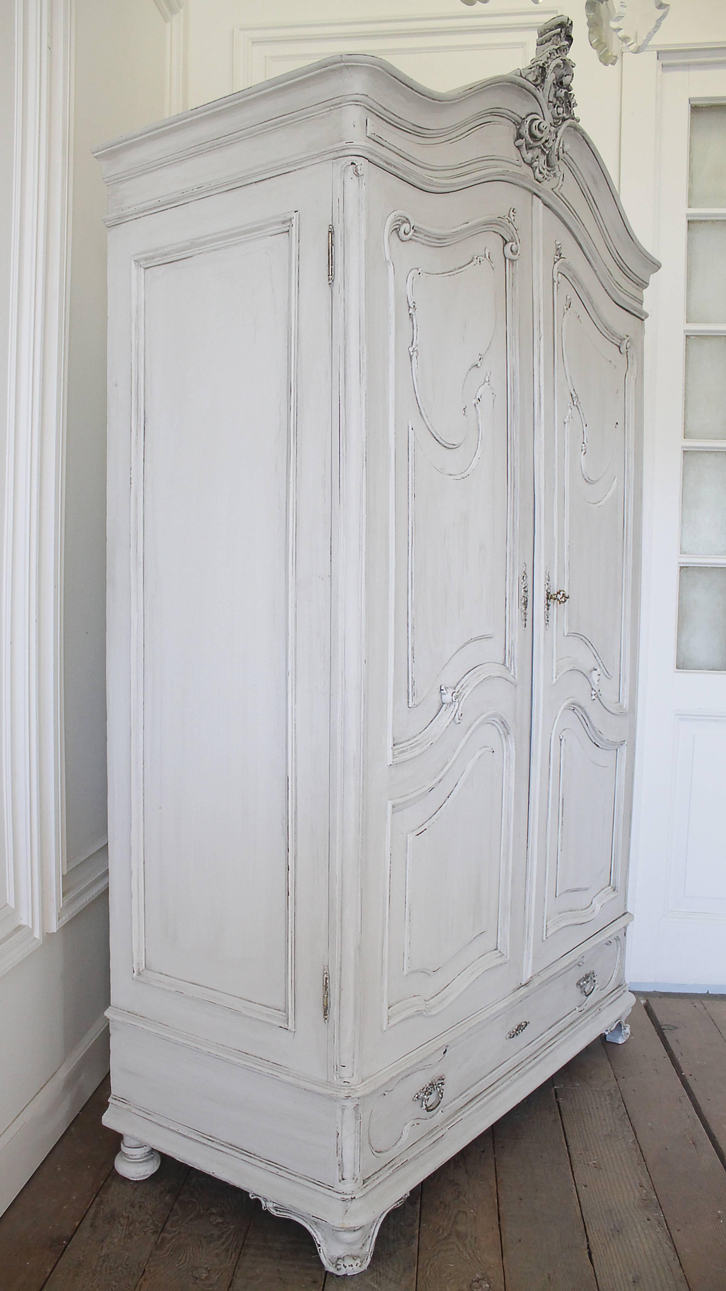 Carved Antique French Style Armoire with Painted Finish
