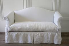 Custom Slip Covered Chippendale Style Loveseat in White Belgian Linen