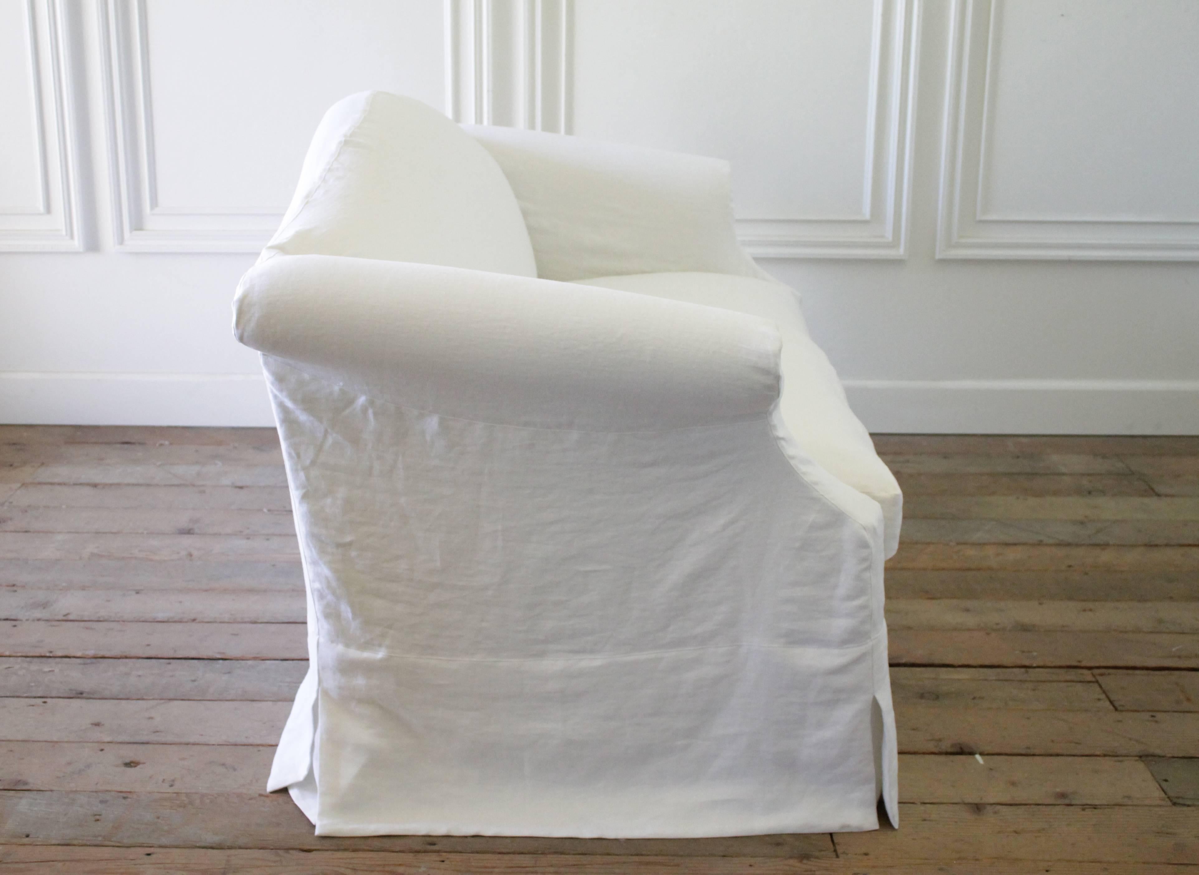 American Custom Slip Covered Chippendale Style Loveseat in White Belgian Linen