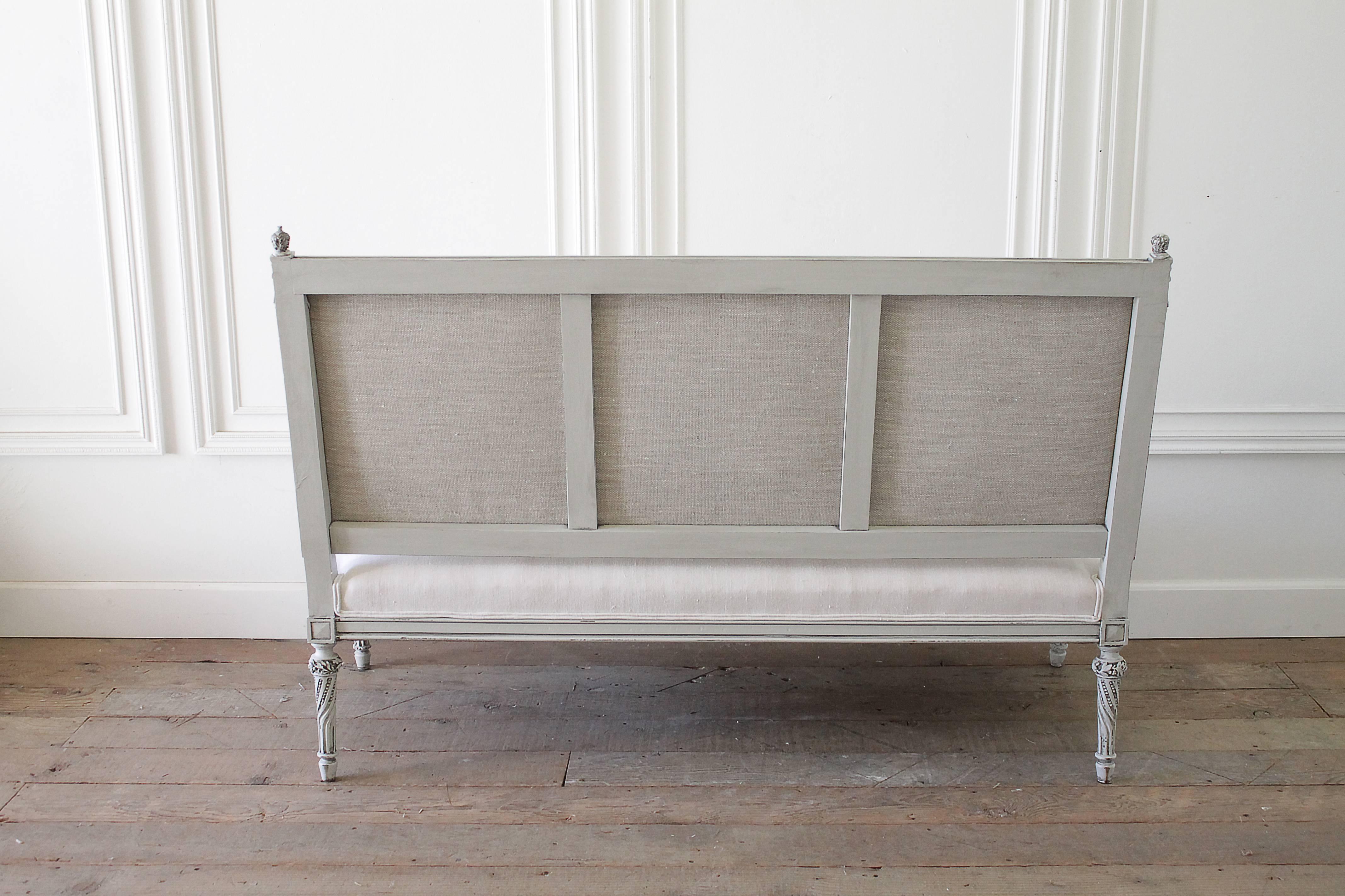19th Century Painted Rose Carved Louis XVI Style Settee in Belgian Linen 5
