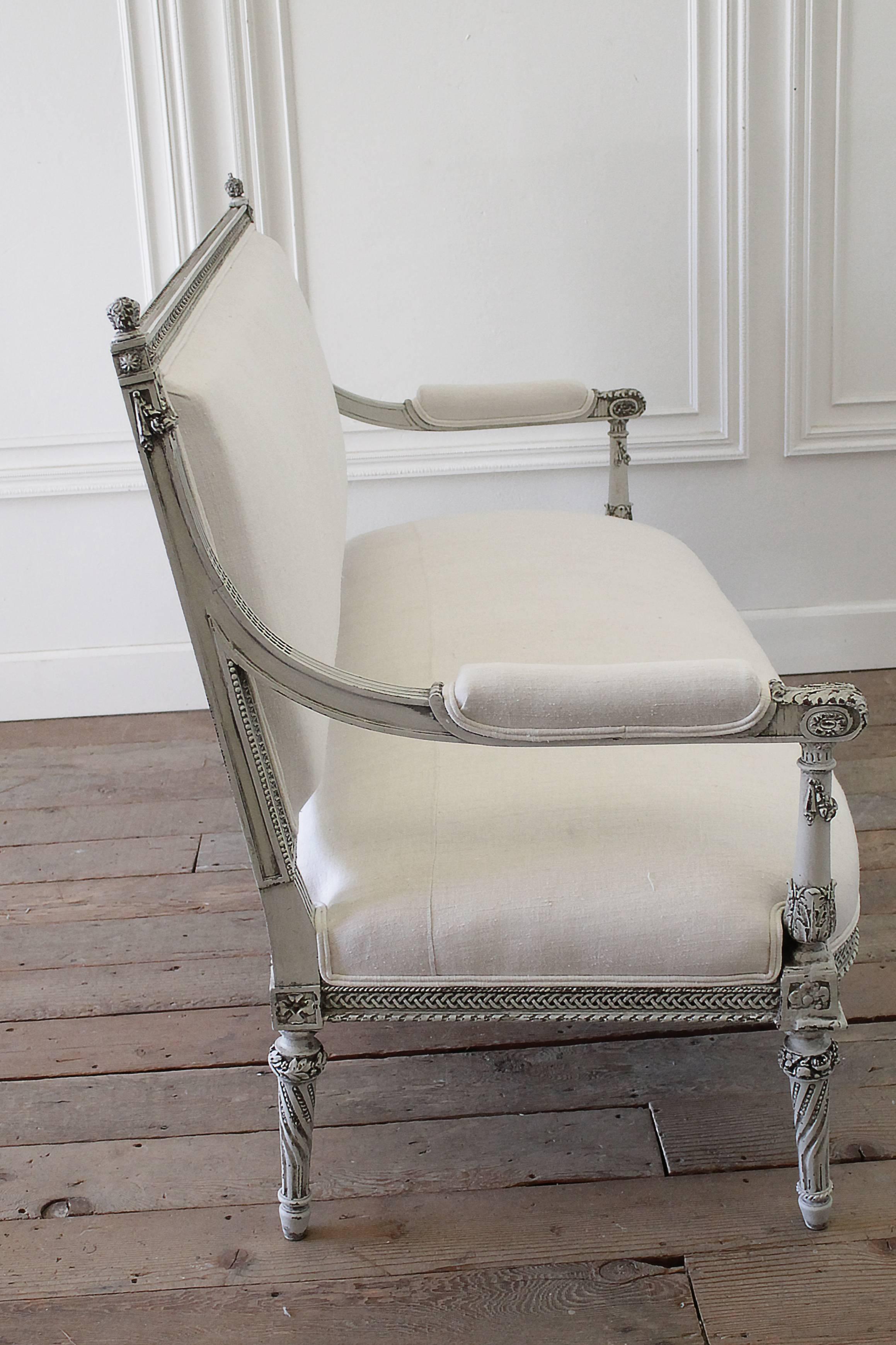 19th Century Painted Rose Carved Louis XVI Style Settee in Belgian Linen 6