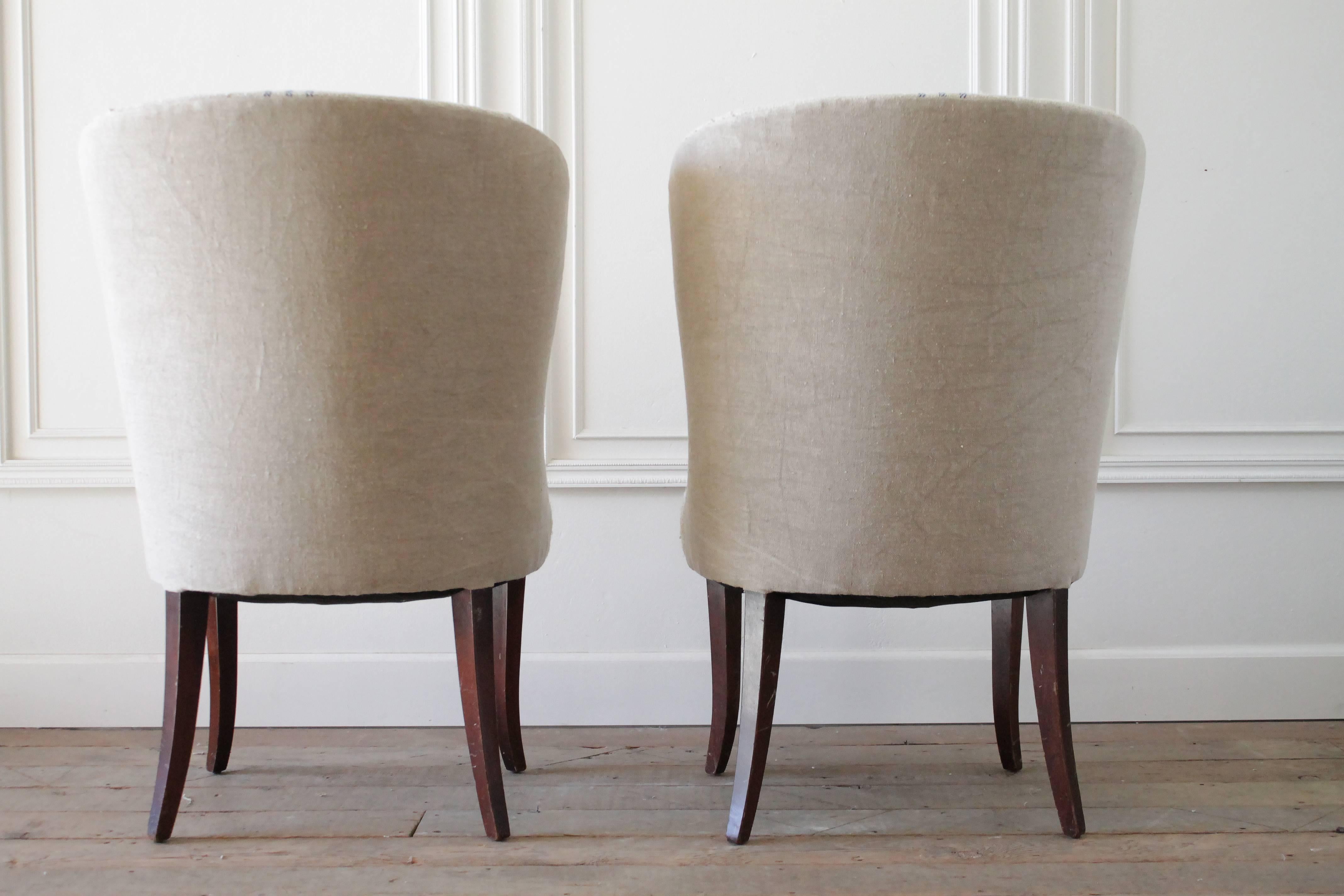American Pair of Ralph Lauren Wing Chairs in Antique French Linen Grain Sack
