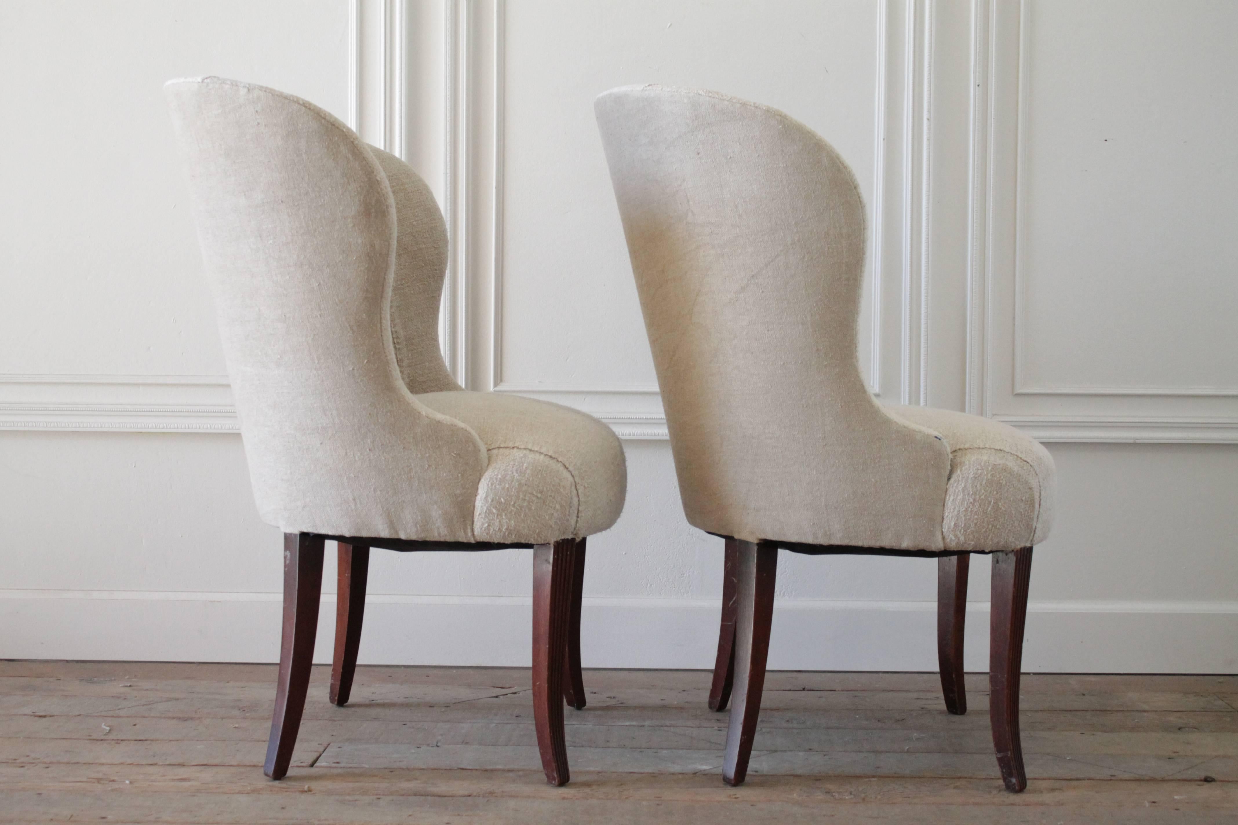Pair of Ralph Lauren Wing Chairs in Antique French Linen Grain Sack In Good Condition In Brea, CA