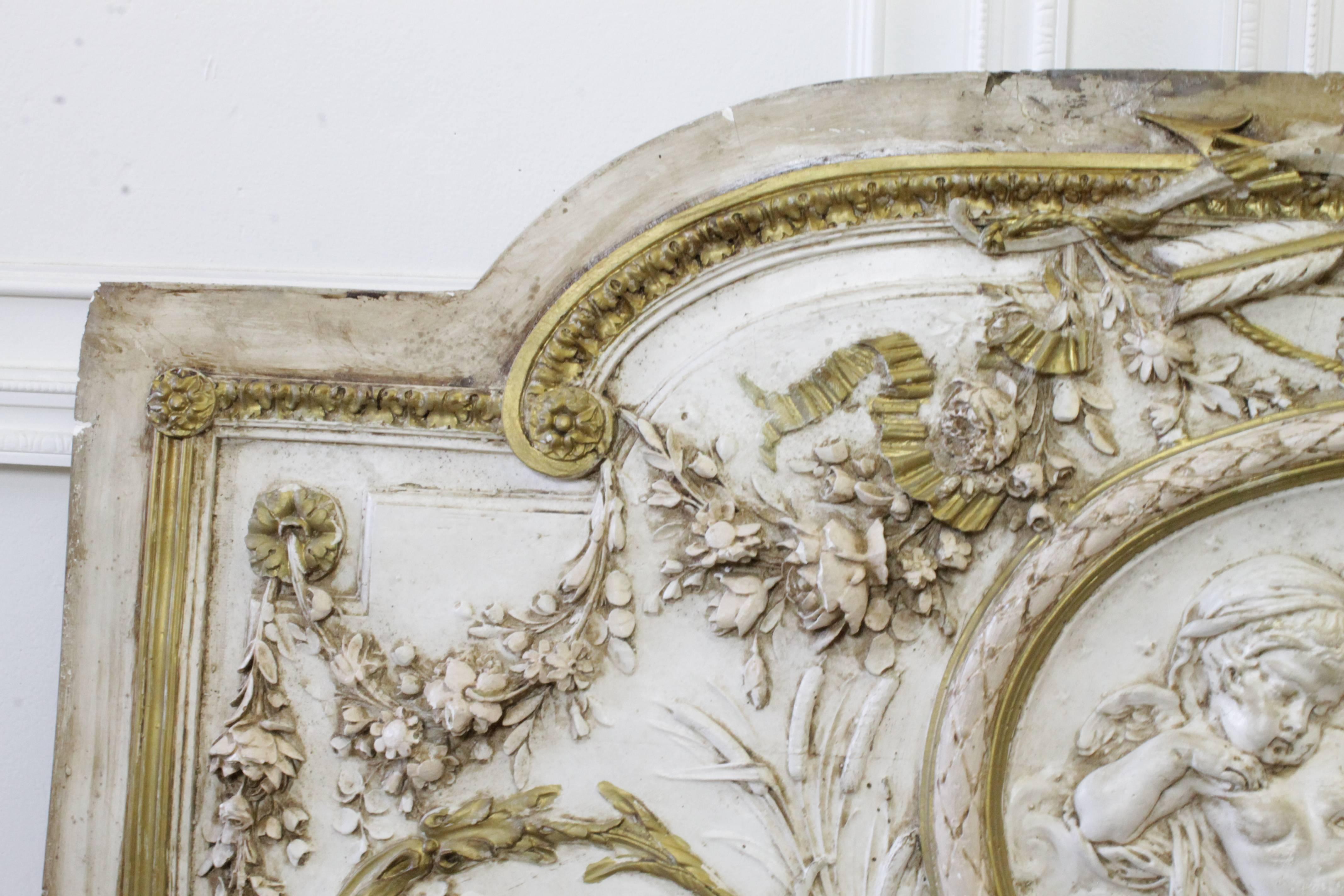 French 19th Century Cherub with Rose Swag Overdoor Decorative Panel