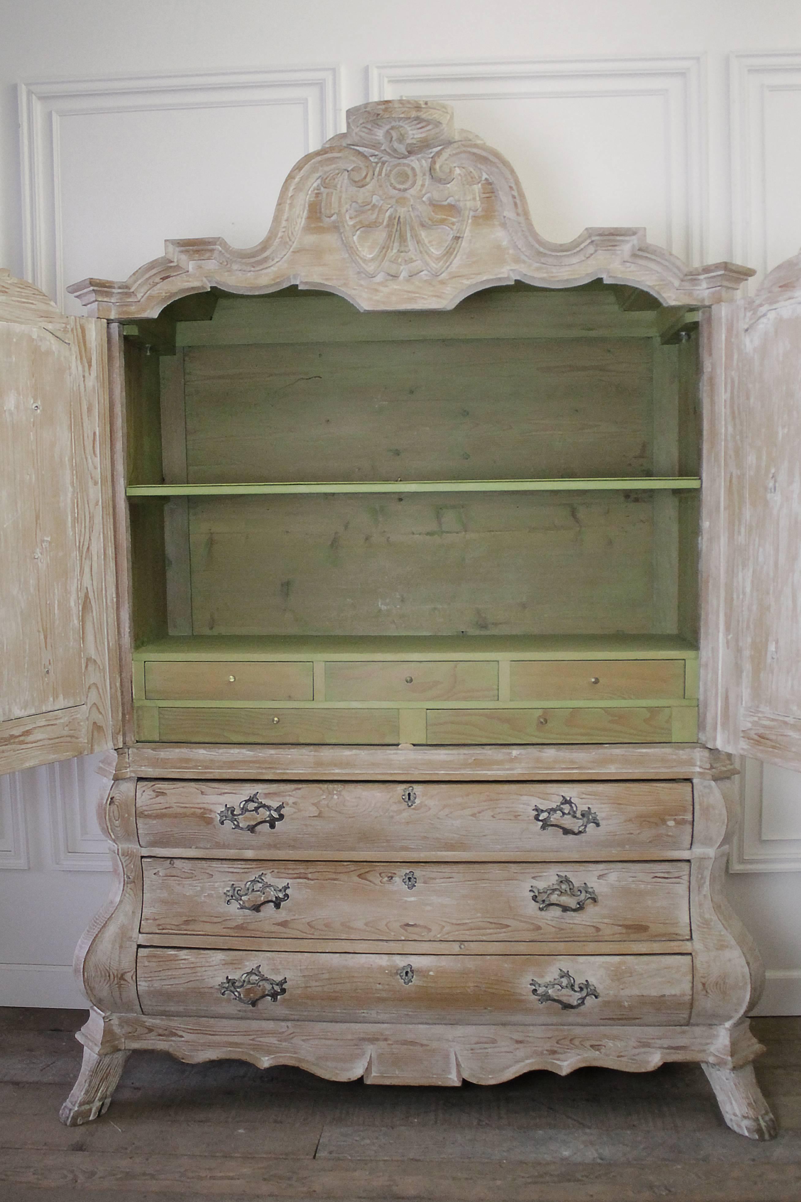 French Antique Dutch White Wash Pine Linen Press Cabinet