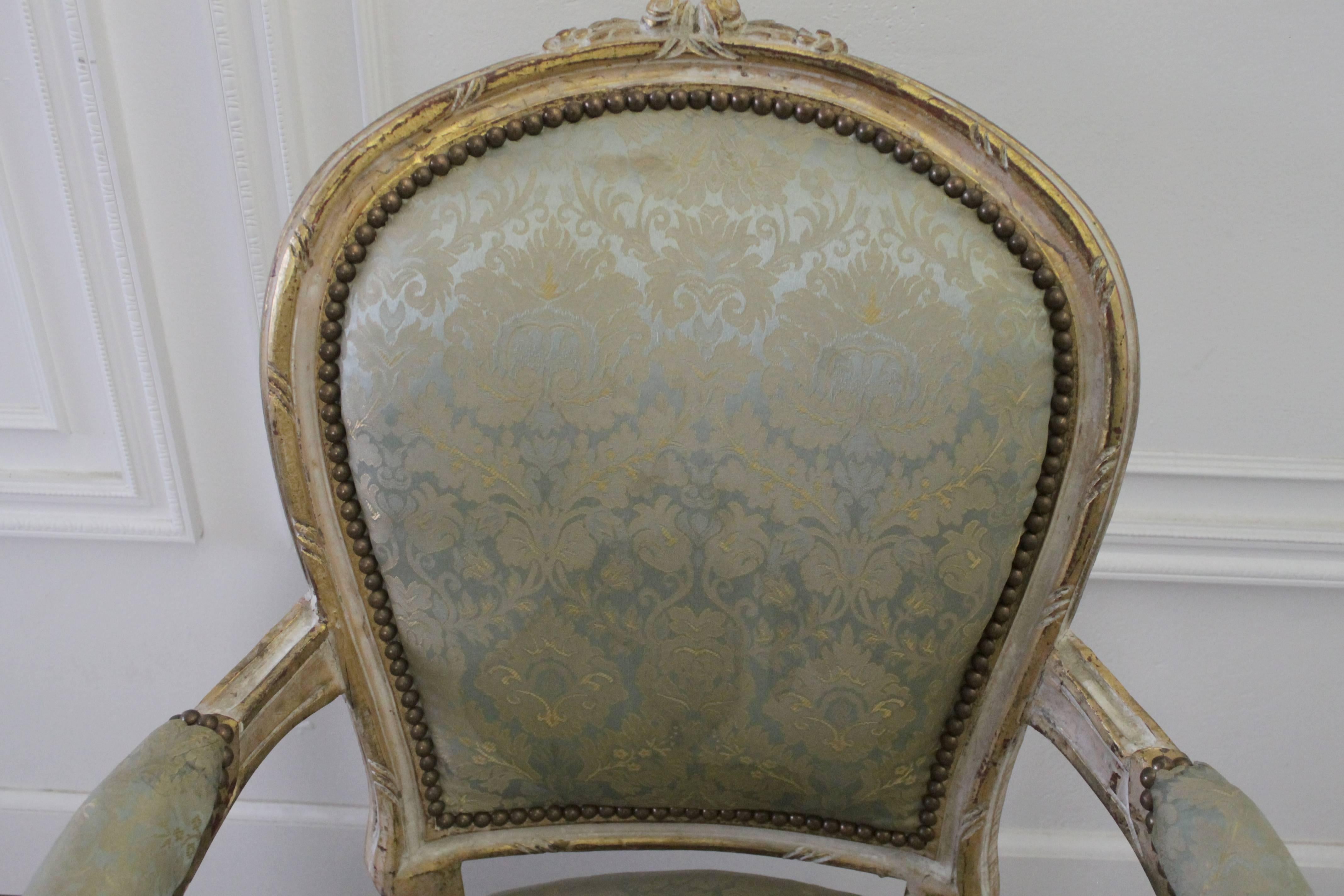 Carved Antique Louis XVI Style Giltwood Upholstered Open Armchair